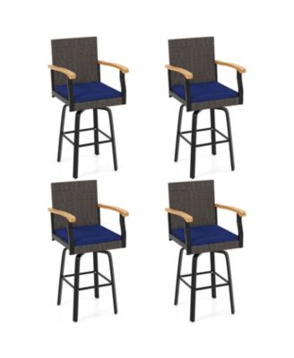 4Pieces 29'' Outdoor 360-Degree Swivel Bar Stool Cushion Acacia Wood Armrests Footrest