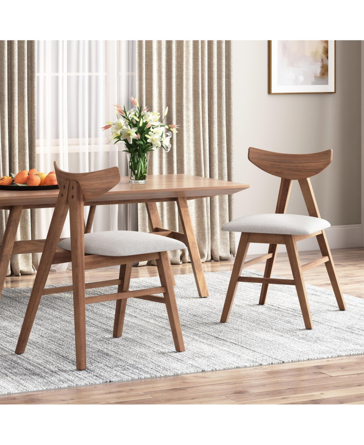 Flynama Set of 2 Mid-Century Dining Chairs, Rubberwood Frame Chairs with Curved Back and Splayed Legs