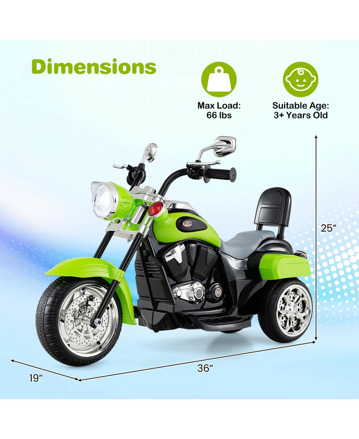 Gymax 6V Kids Ride-On Chopper Motorcycle, 36" x 19" x 25", 3-Wheel, Led Headlight, 66 Lb. Capacity, Ages 3+
