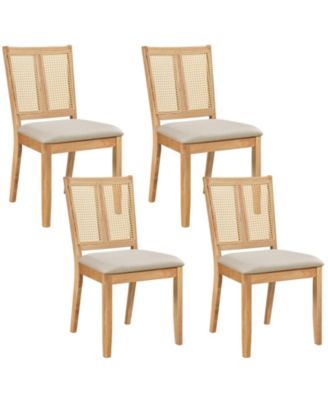 Rattan Dining Chairs Set of 4 w/Curved Backrest and Padded Seat Rubber Wood Frame