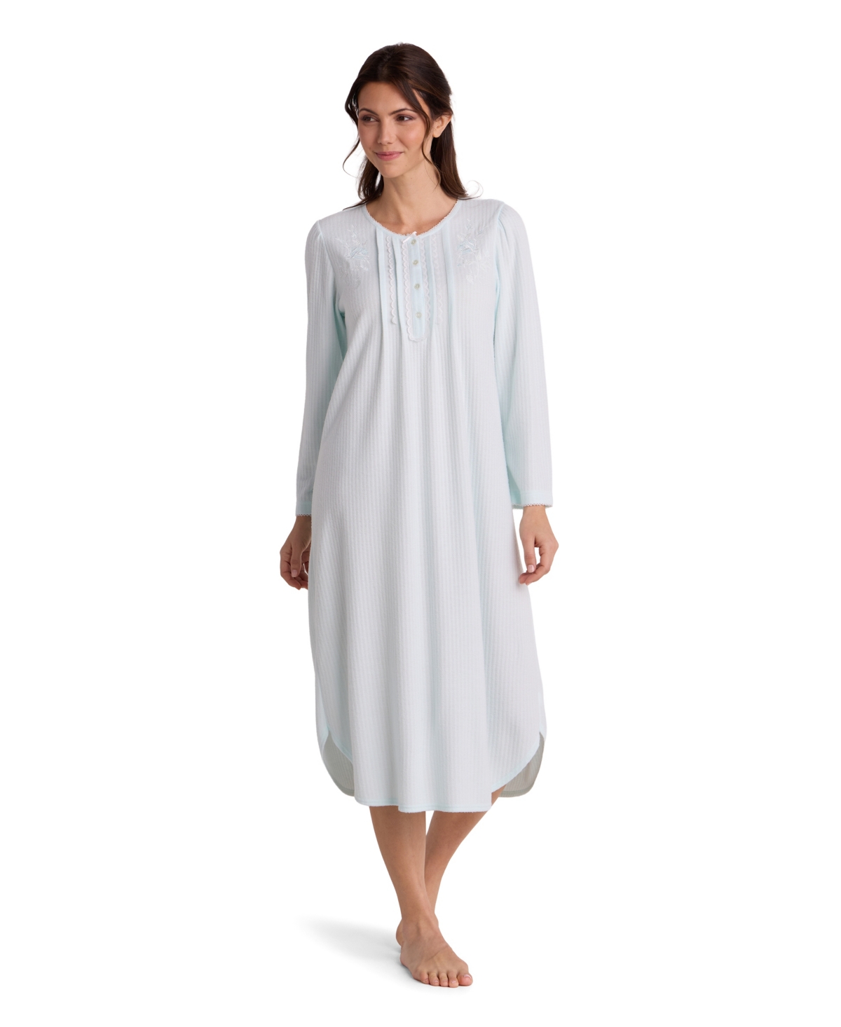 Miss Elaine Women's Long-Sleeve Honeycomb-Knit Gown - Aqua
