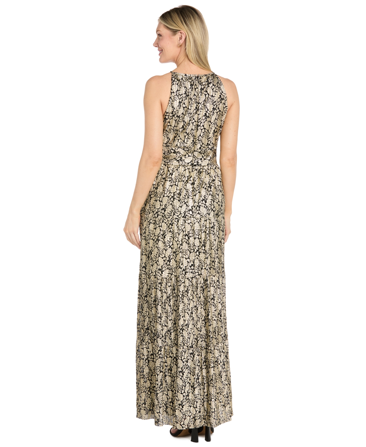 R & M Richards Petite Floral-Print Foil Halter Dress with Keyhole Neckline
