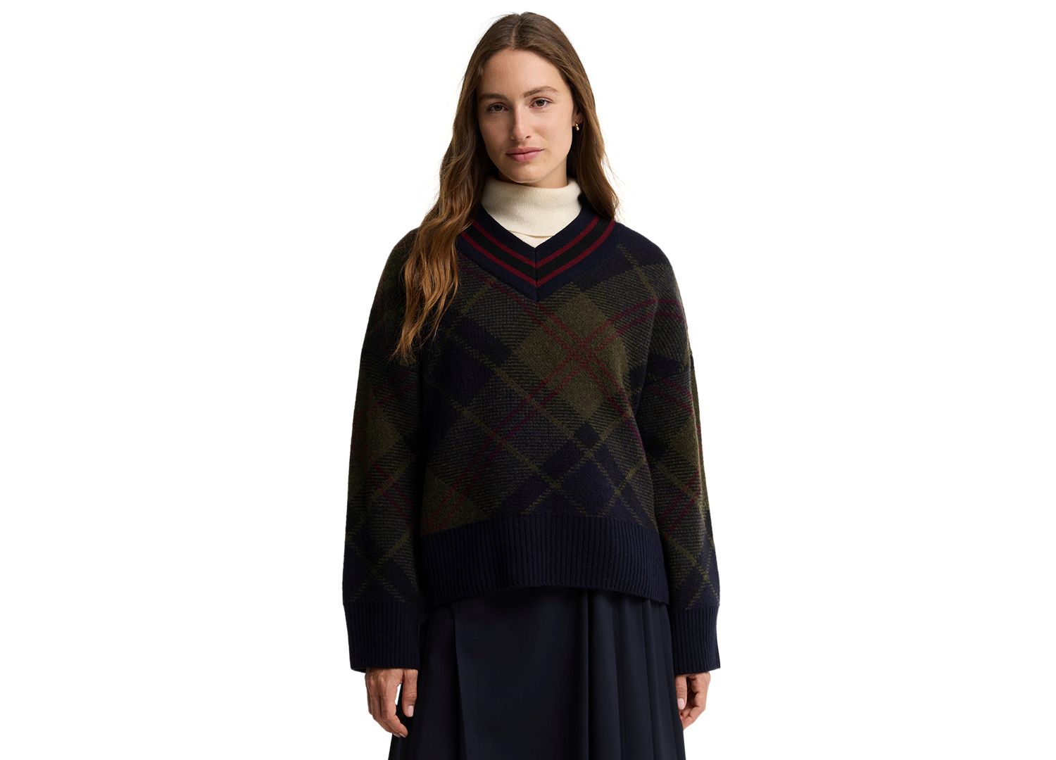 Women's Shae Tartan-Print V-Neck Long-Sleeve Sweater