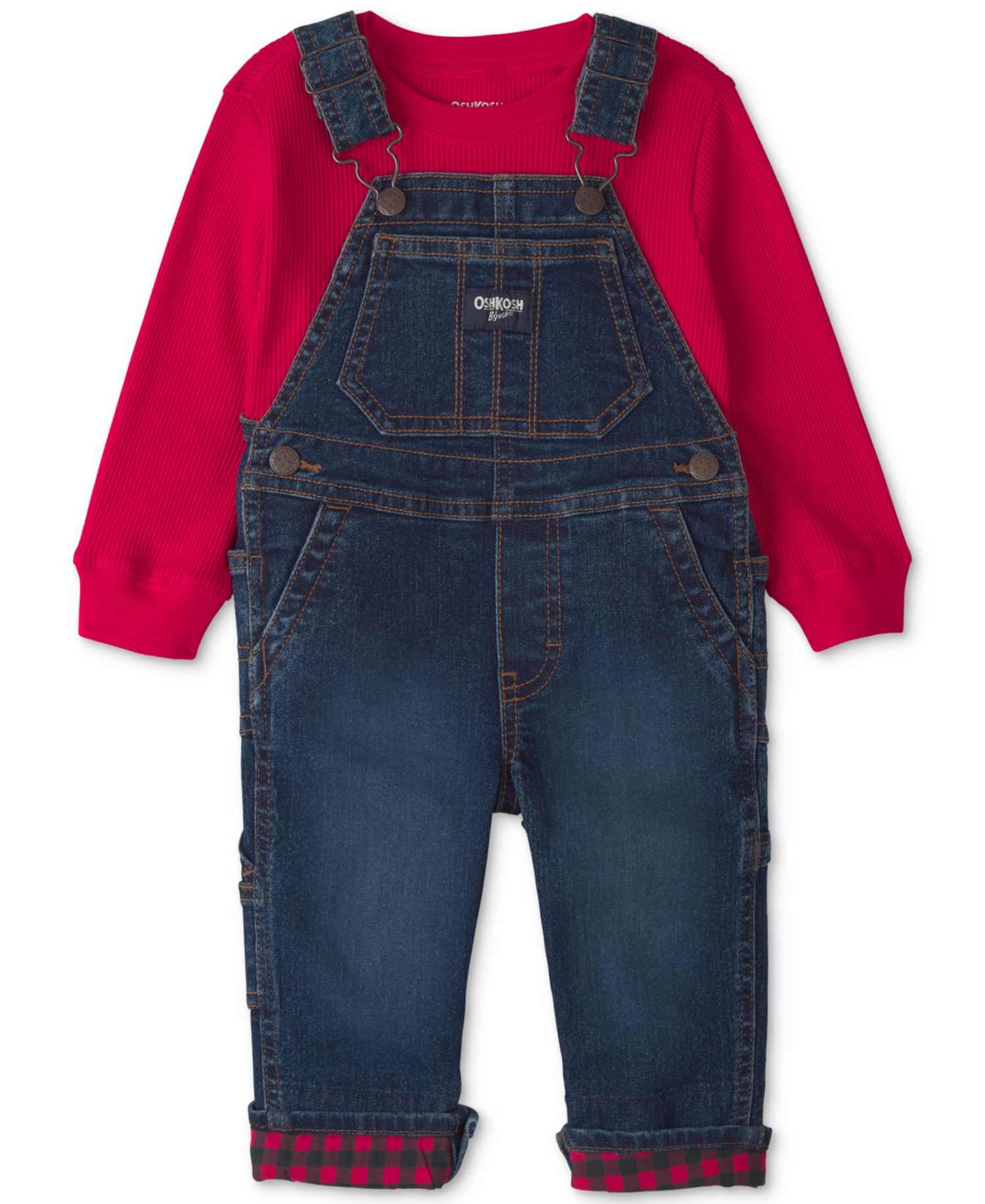 Baby Boys' Buffalo-Check Long-Sleeve Thermal Top and Denim Overalls Set