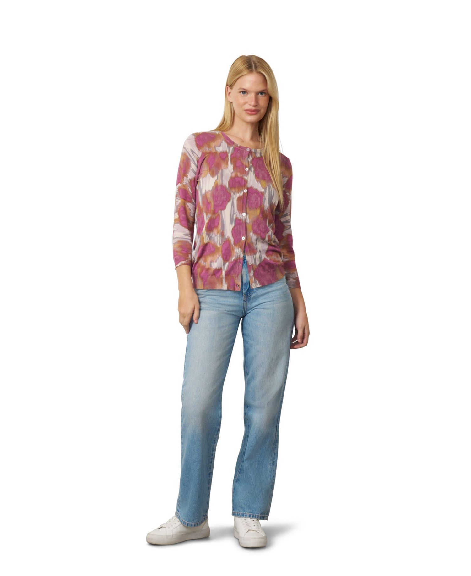 Women's Floral Animal Print 3/4-Sleeve Crewneck Cardigan