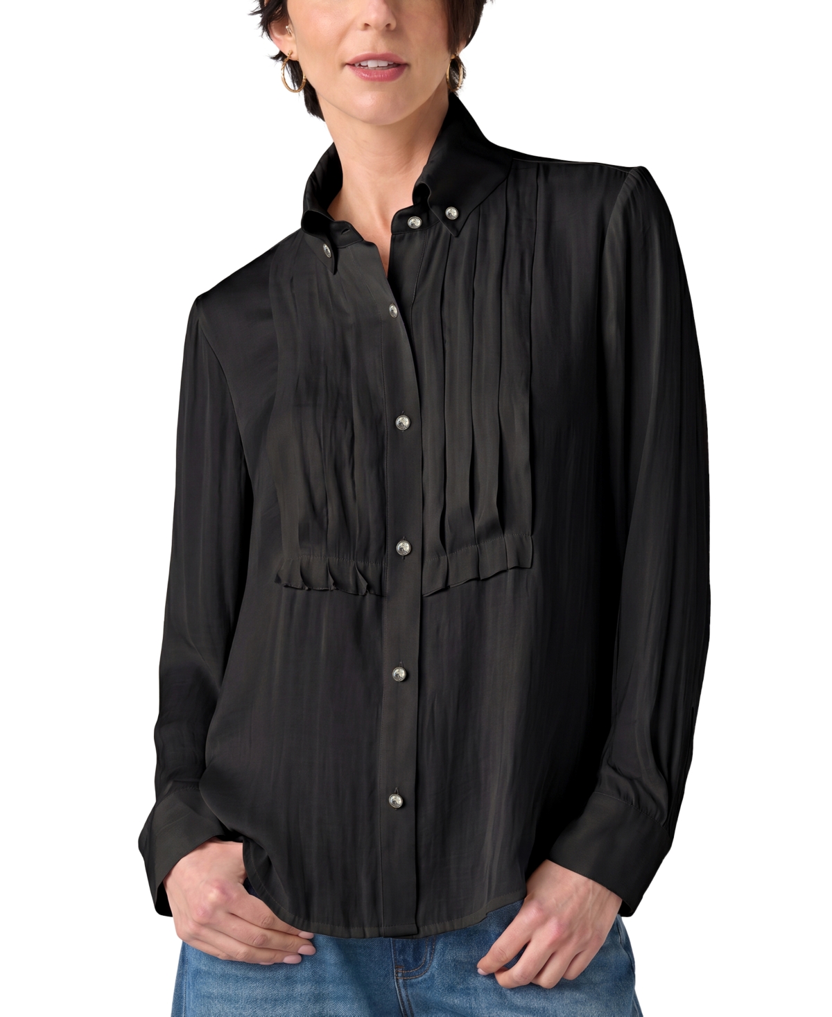 Liverpool Los Angeles Women's High-Collar Long-Sleeve Tuxedo Blouse - Black