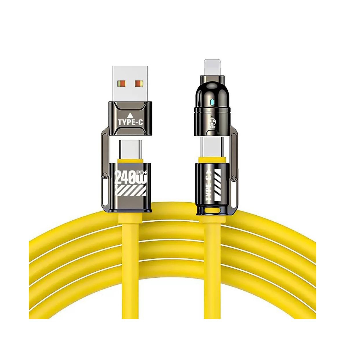 Artudatech 4-in-1 240W Fast-Charging Cable, Liquid Silicone, Compatible with iPhone/Android/iPad - Yellow