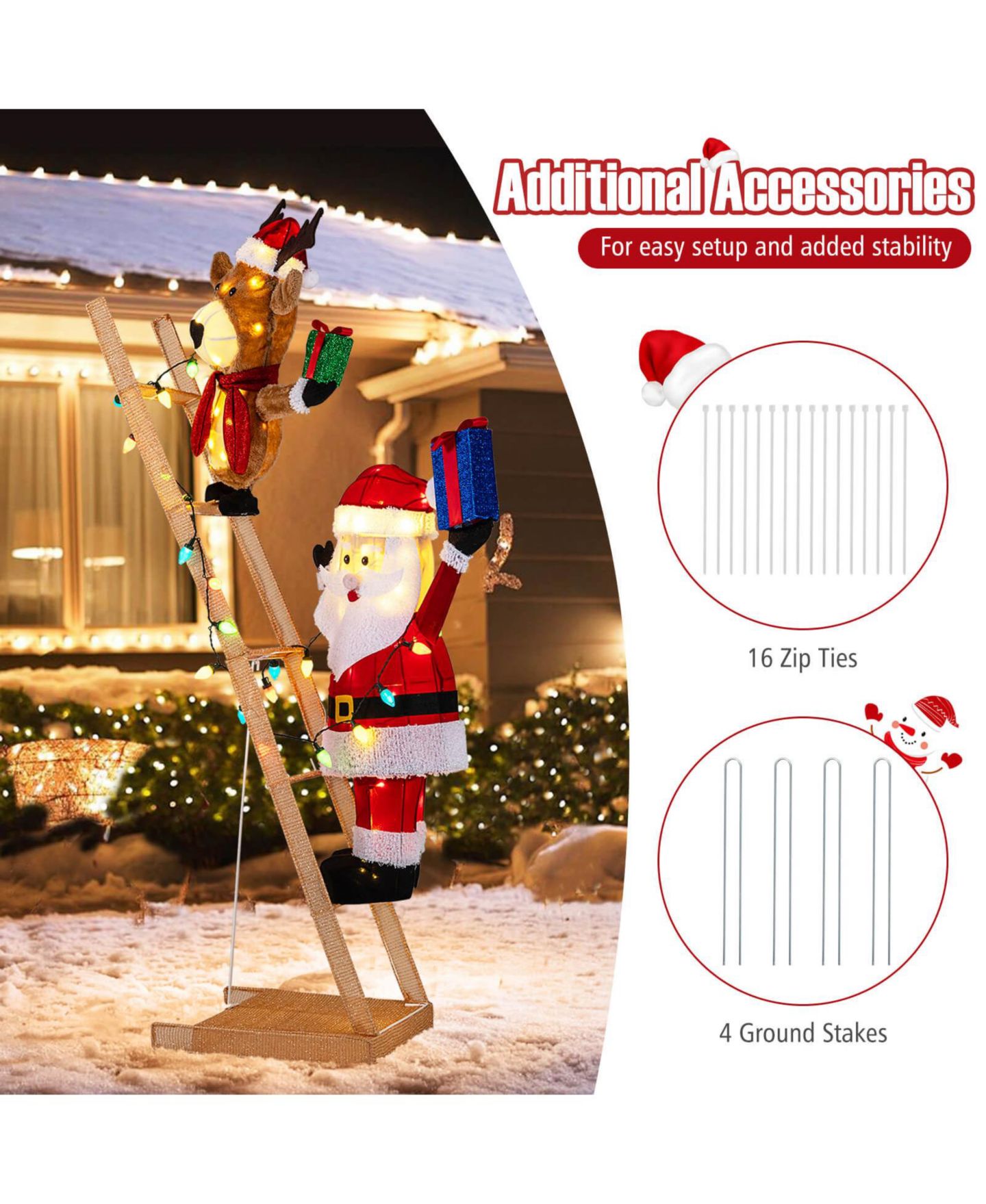Детская игрушка Costway 5.5 FT Lighted Reindeer and Santa Claus on Ladder with 100 LED Lights, Zip Ties, цвет: Красный — фото 8