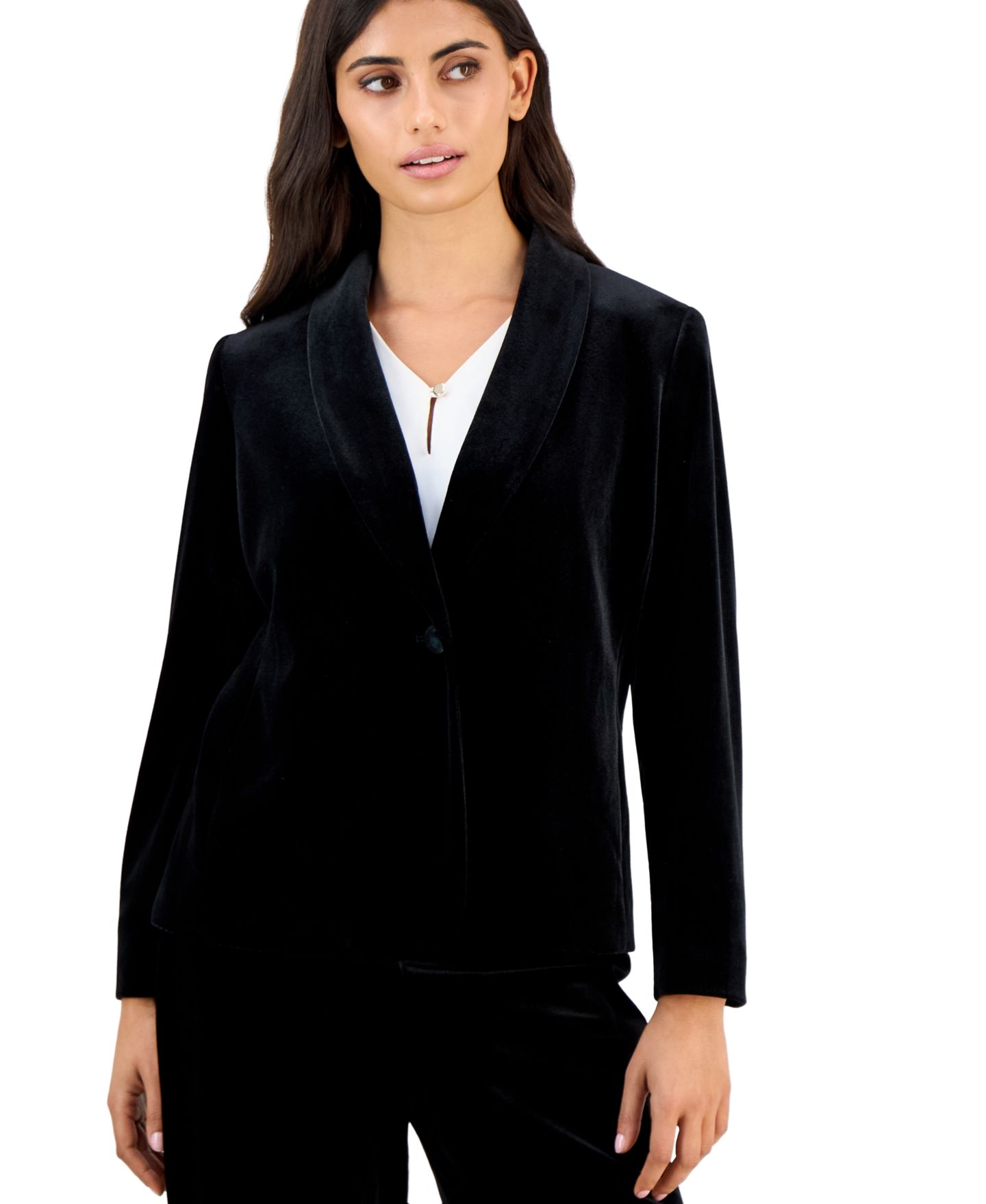 Женский бархатный жакет Anne Klein Essentials на одной пуговице, для невысоких, цвет: Чёрный — фото 2