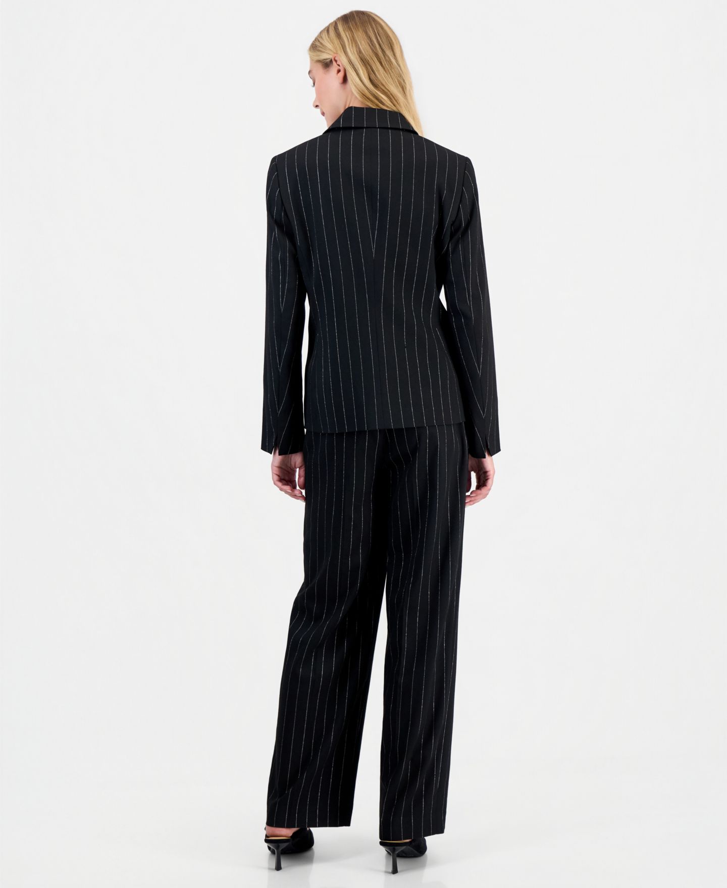Женские комплекты Kasper 3/4-Sleeve Sequin Stretch-Jersey Boat-Neck Top, Pinstripe One-Button Blazer & Mid-Rise Wide-Leg Pants, цвет: Чёрный / Золотой — фото 3