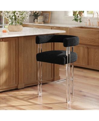 Counter-Height Bar Stool with Arms, Chenille Upholstered Seat, Chrome-Finished Metal Tripod Base, Built-In Footrest, 25" Seat Height