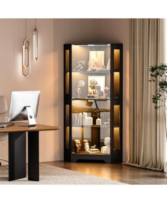 65" Modern Corner Glass Curio Cabinet with LED Lights, Glass Doors and Adjustable Shelves for Collectibles and Dining Room Display