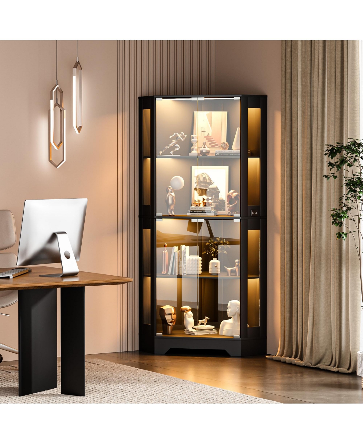 gaomon 65" Modern Corner Glass Curio Cabinet with Led Lights, Glass Doors and Adjustable Shelves for Collectibles and Dining Room Display