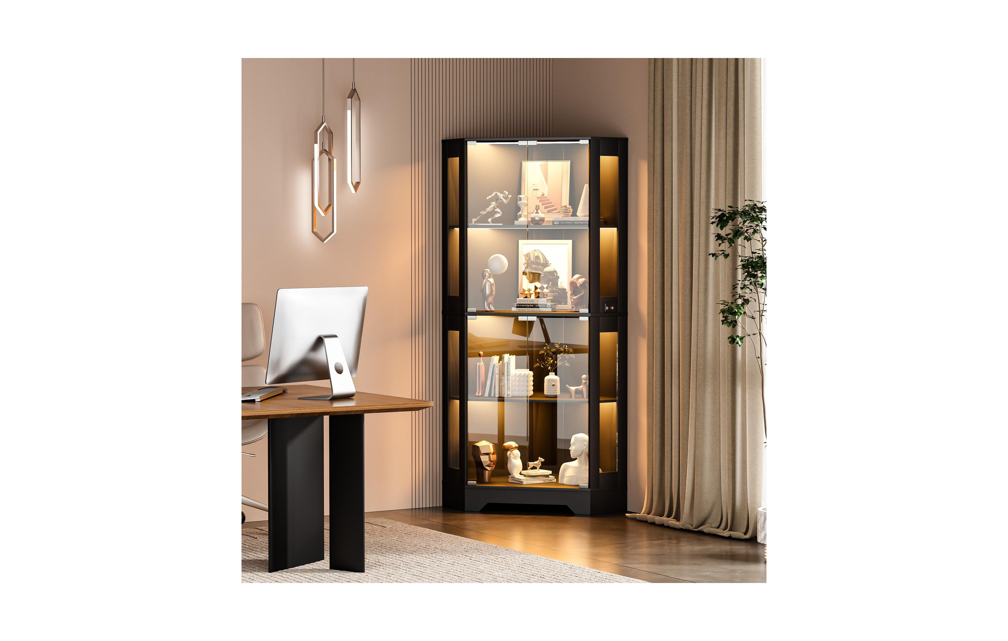 gaomon 65" Modern Corner Glass Curio Cabinet with Led Lights, Glass Doors and Adjustable Shelves for Collectibles and Dining Room Display