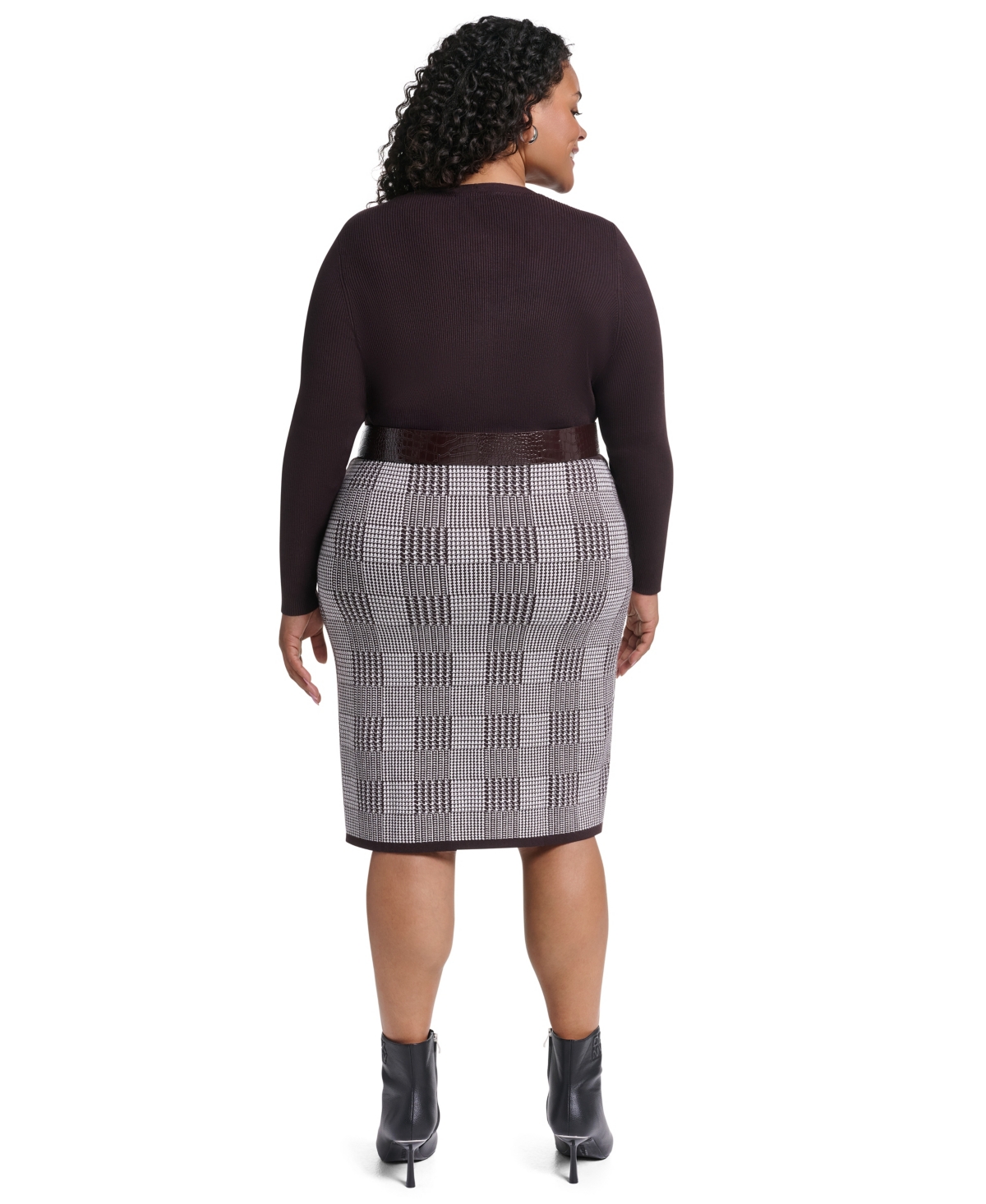 Dkny Plus Houndstooth-Plaid V-Neck Long-Sleeve Dress