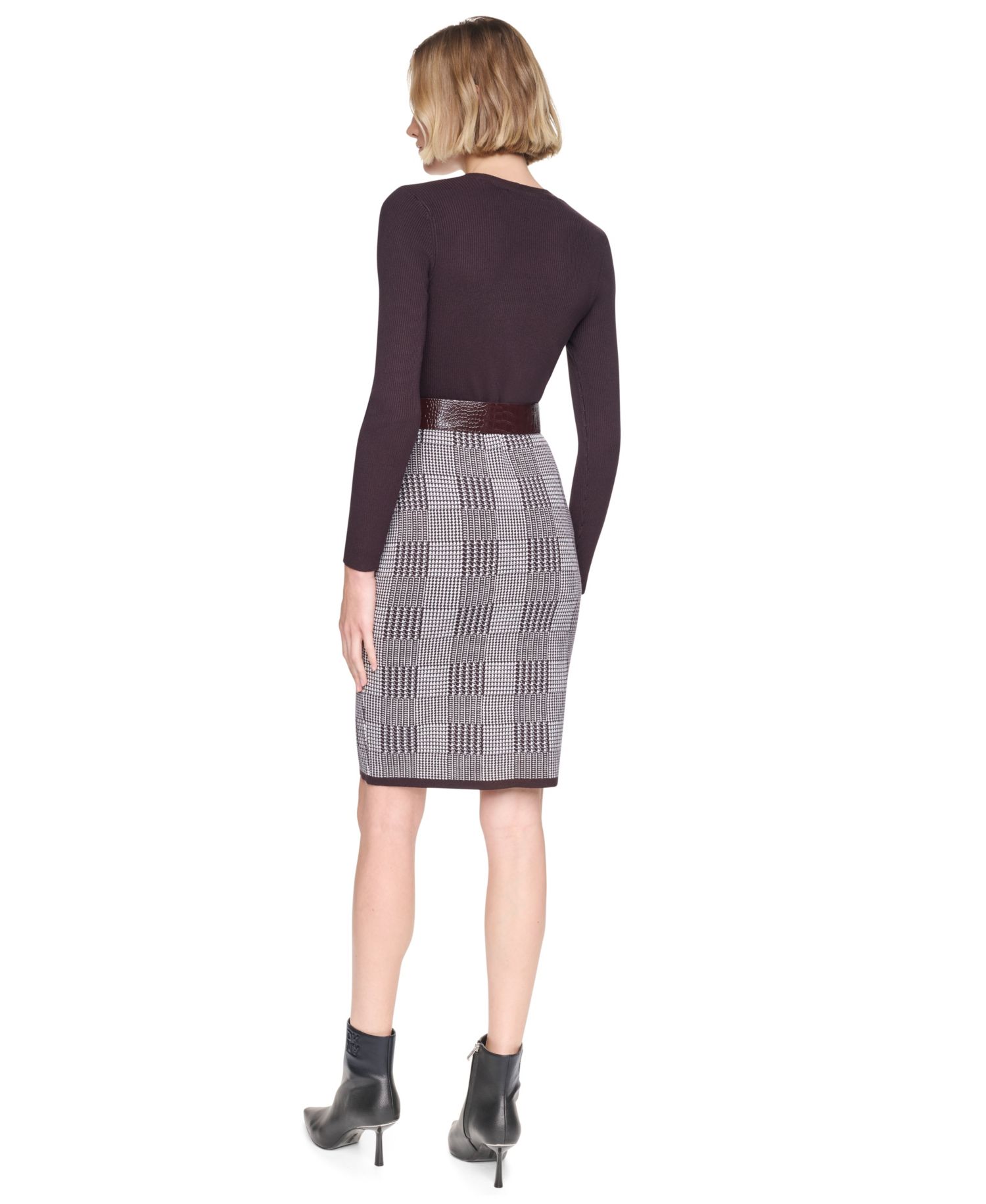 Women's Houndstooth Plaid V-Neck Long-Sleeve Sweater Dress
