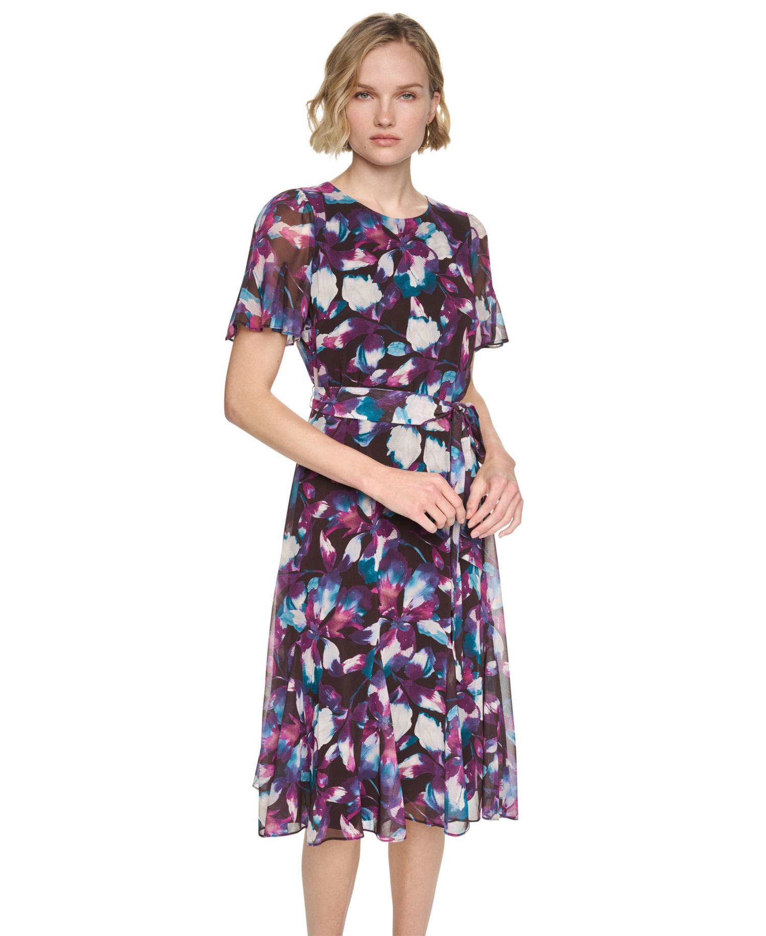 Women's Floral-Print A-Line Godet Sleeve Midi Dress