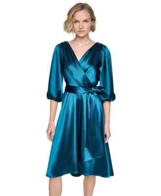 Women's Balloon-Sleeve Satin Faux-Wrap Dress
