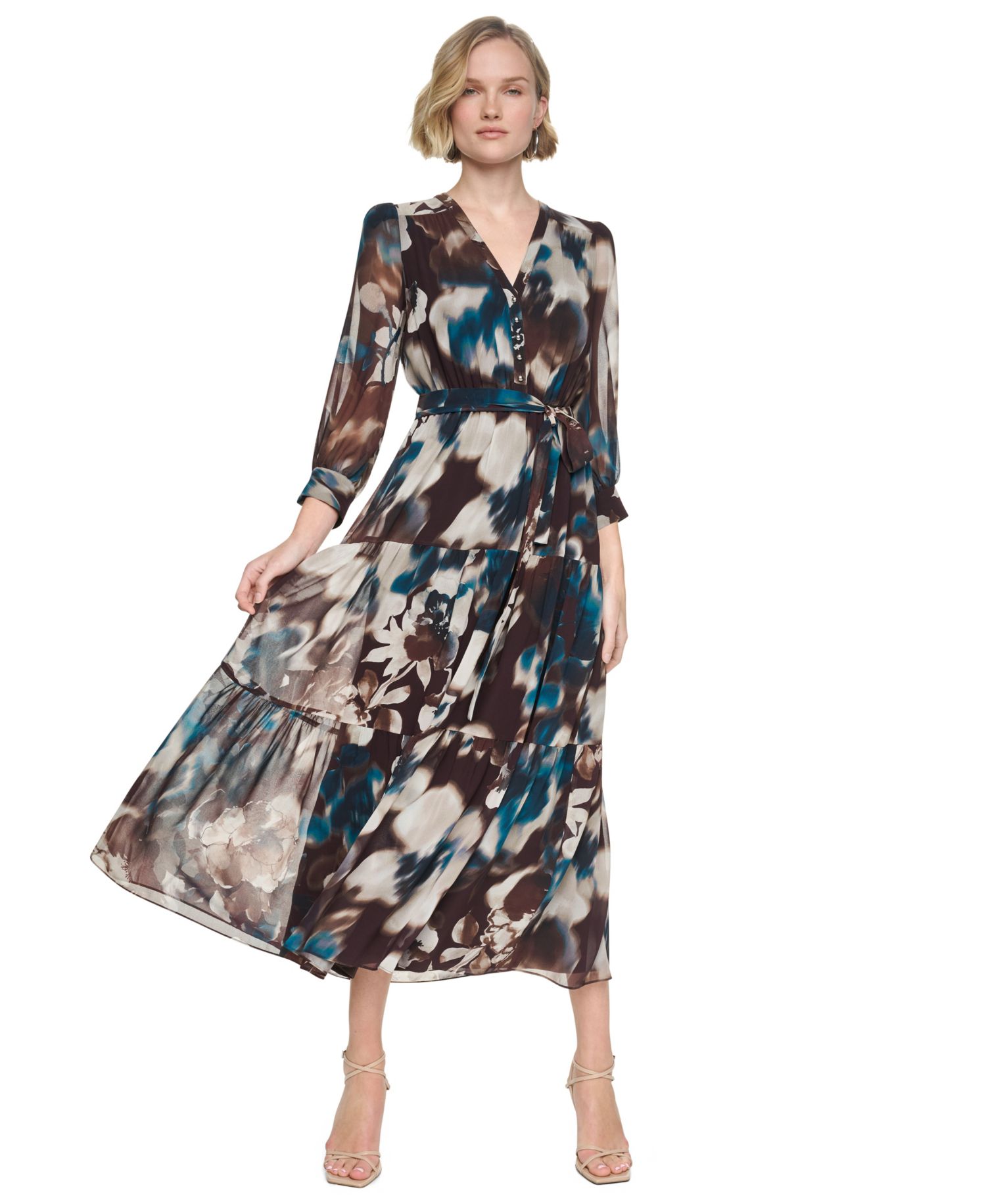 Women's Floral-Print Tiered V-Neck Maxi Dress