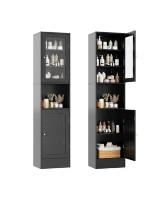 67 Tall Bathroom Storage Cabinet, Slim Glass-Door Storage Cabinet, Freestanding Towel Cabinet with Anti-Tip Design