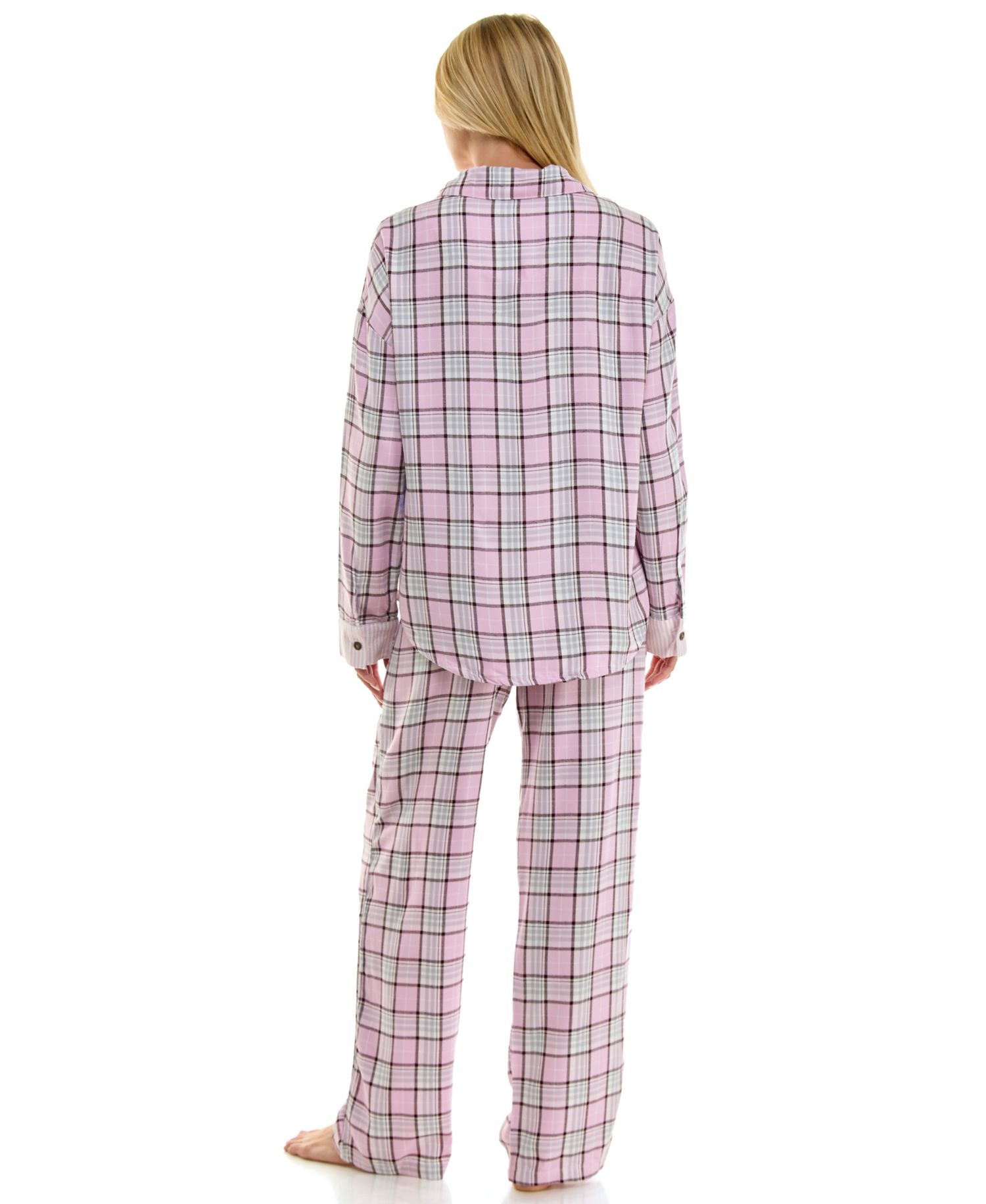 Women's Flannel Collared Long-Sleeve Shirt and Pant Pajama Set