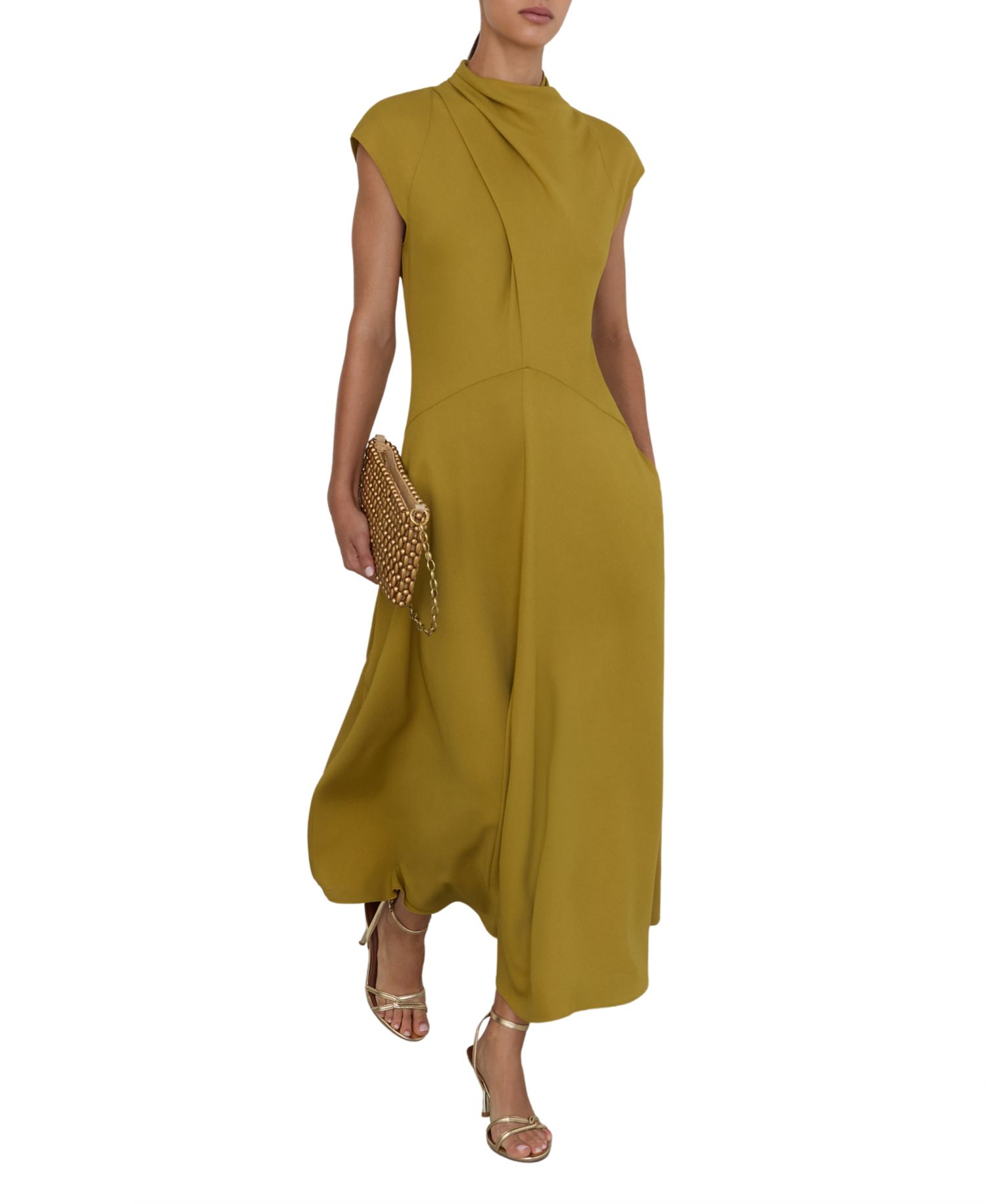 Women's Alma High-Neck Pleat-Detail A-Line Midi Dress