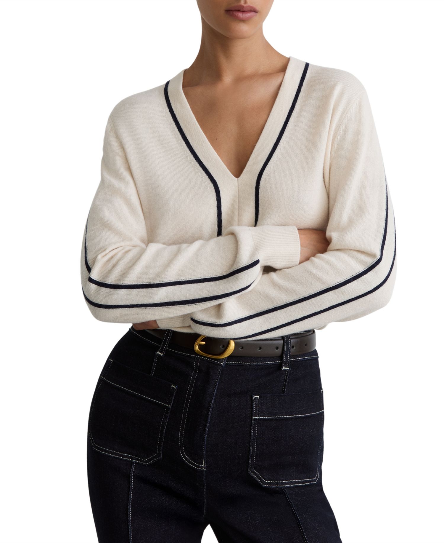 Women's Mila Wool-Blend with Cashmere V-Neck Stripe-Detail Sweater