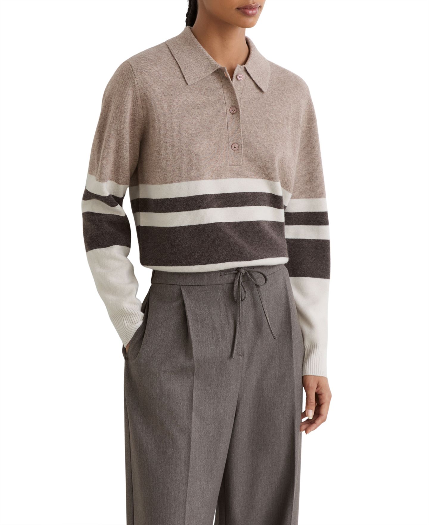 Женское поло REISS Bronte Rugby-Stripe Wool-Blend Long-Sleeve Polo with Cashmere, цвет: Нейтральный — фото 1