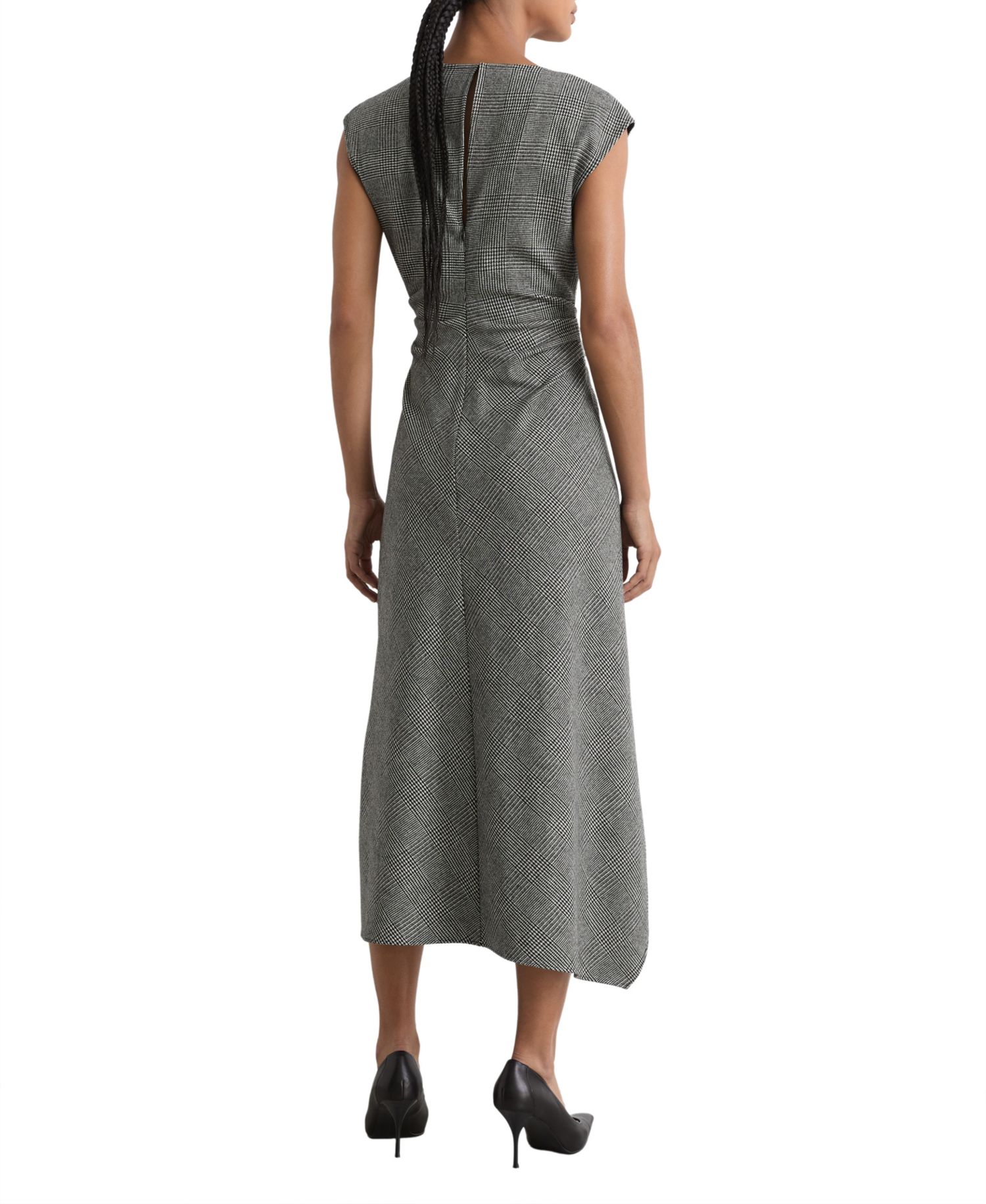 Women's Clara Sleeveless Prince of Wales Check Asymmetric Draping Midi Dress
