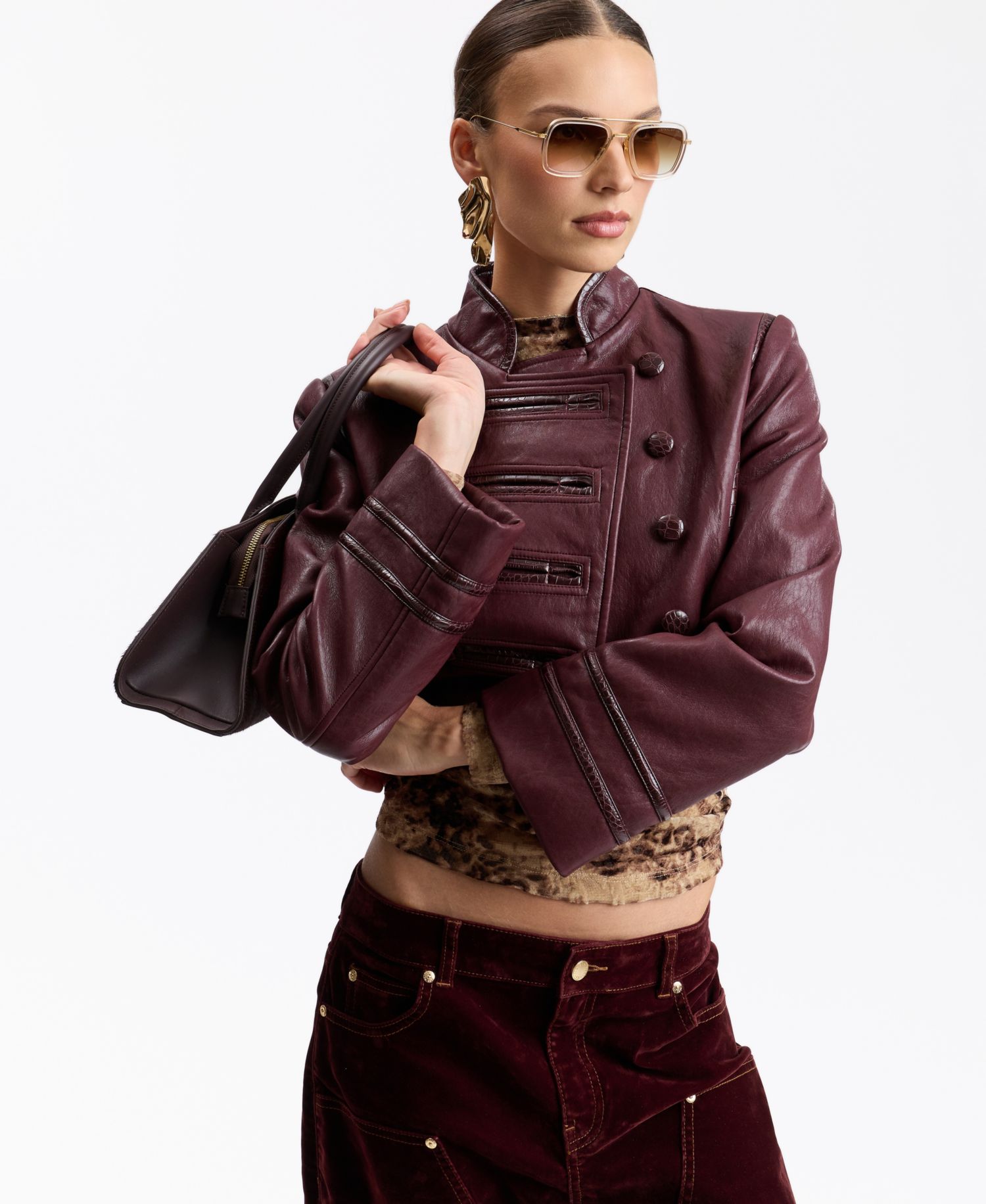 Women's Double-Breasted Military-Style Cropped Faux Leather Jacket