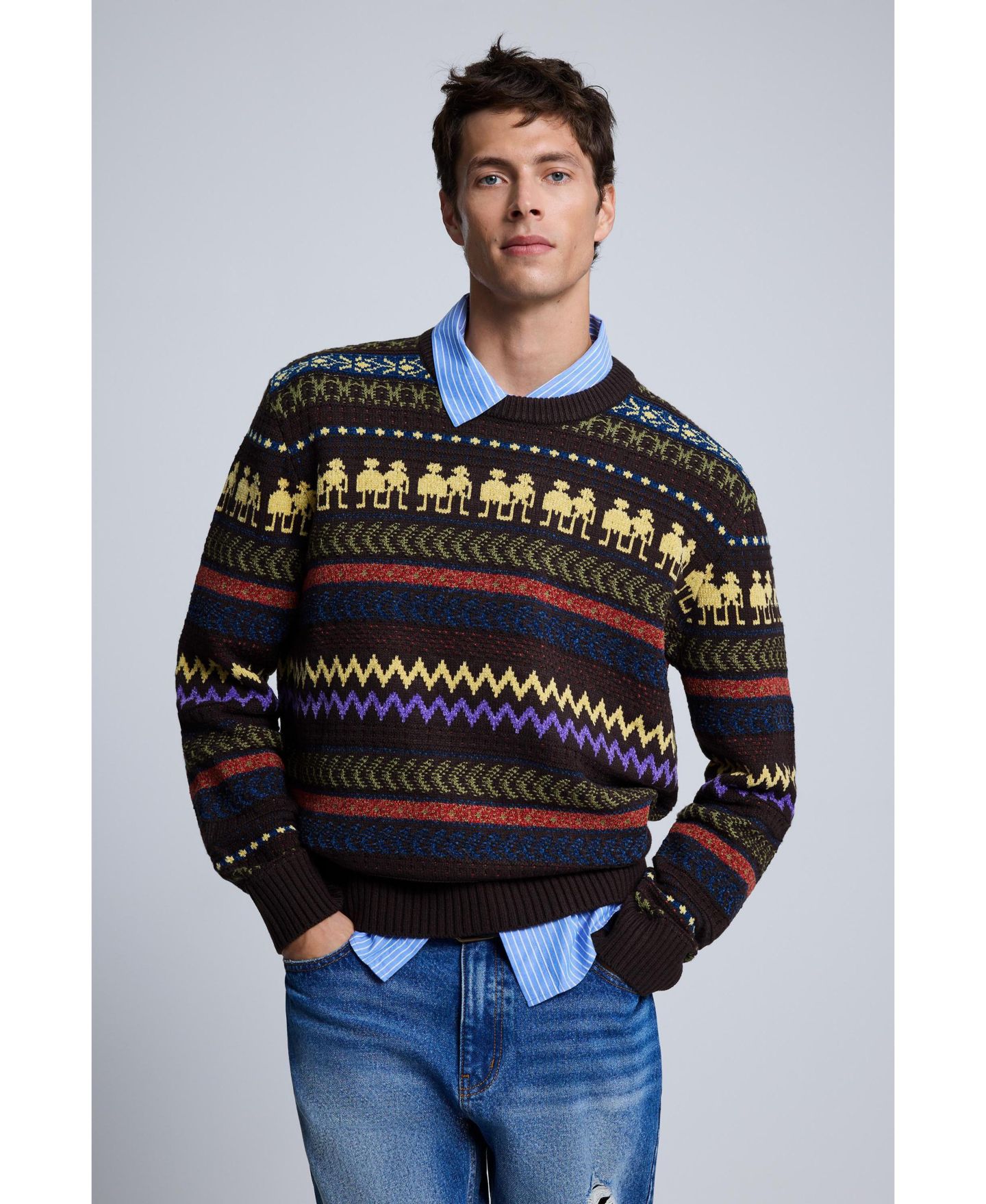 Мужской свитер Desigual Crewneck Long-Sleeve Sweater, цвет: Коричневый — фото 6
