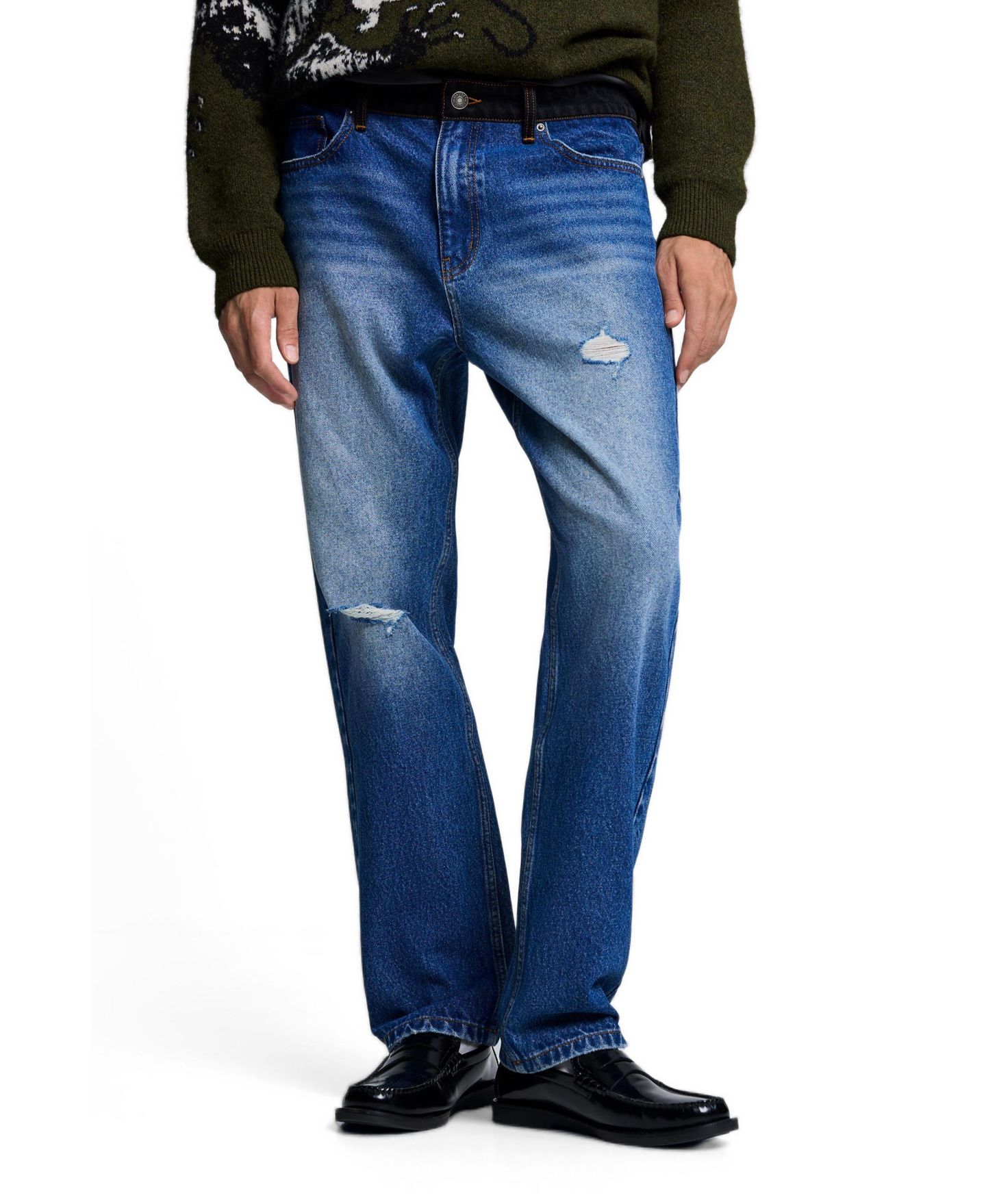 Мужские джинсы Desigual Straight-Leg Medium Wash Distressed, цвет: Средний синий — фото 2