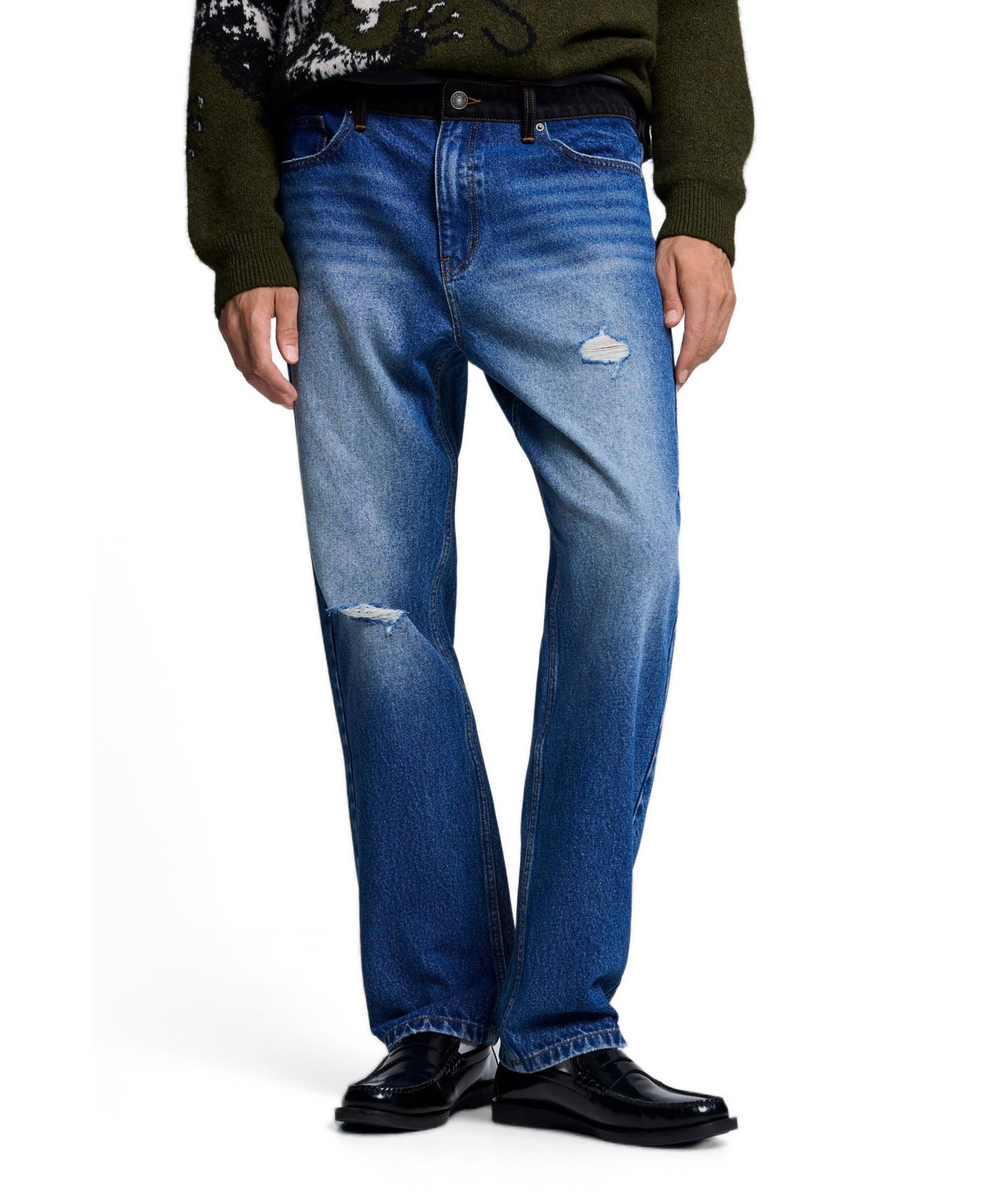 Men's Straight-Leg Medium Wash Distressed Jeans