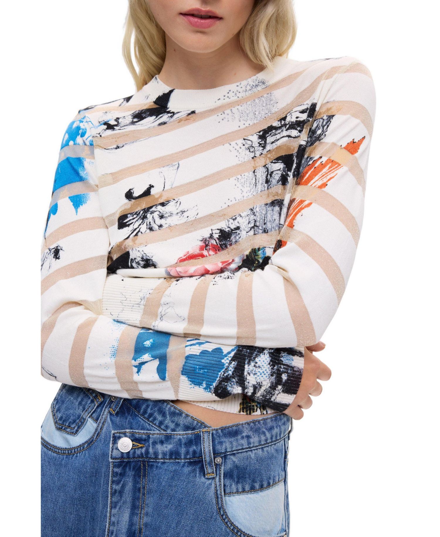 Women's Crew-Neck Fine-Knit Graphic-Print Sweater
