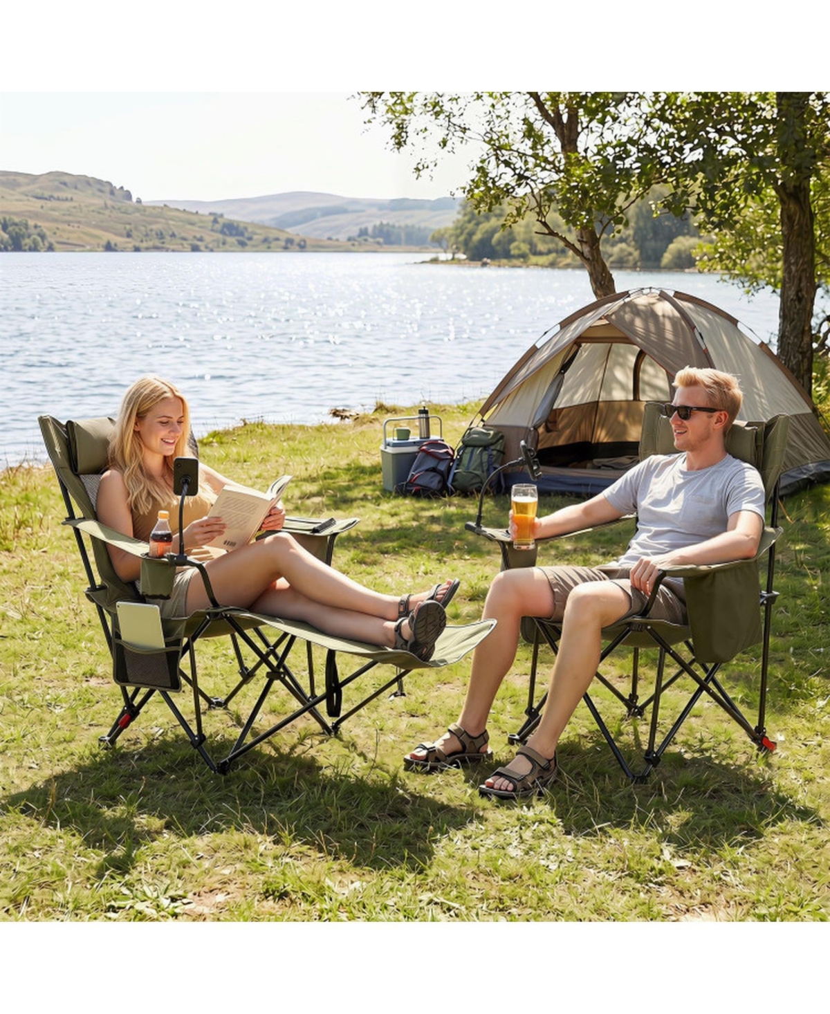 Sugift 2-in-1 Reclining Camping Chair Converting to Lounger with 3-Level Adjustable Backrest