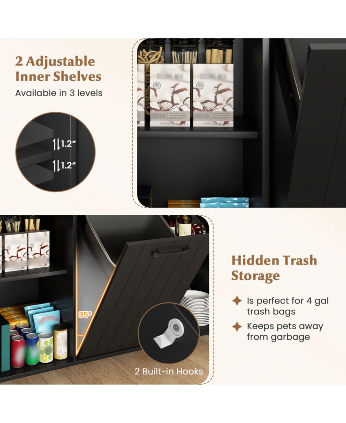 Sugift Mobile Kitchen Island Table with Hidden Trash Storage Pull-Out Drawers and Adjustable Shelves