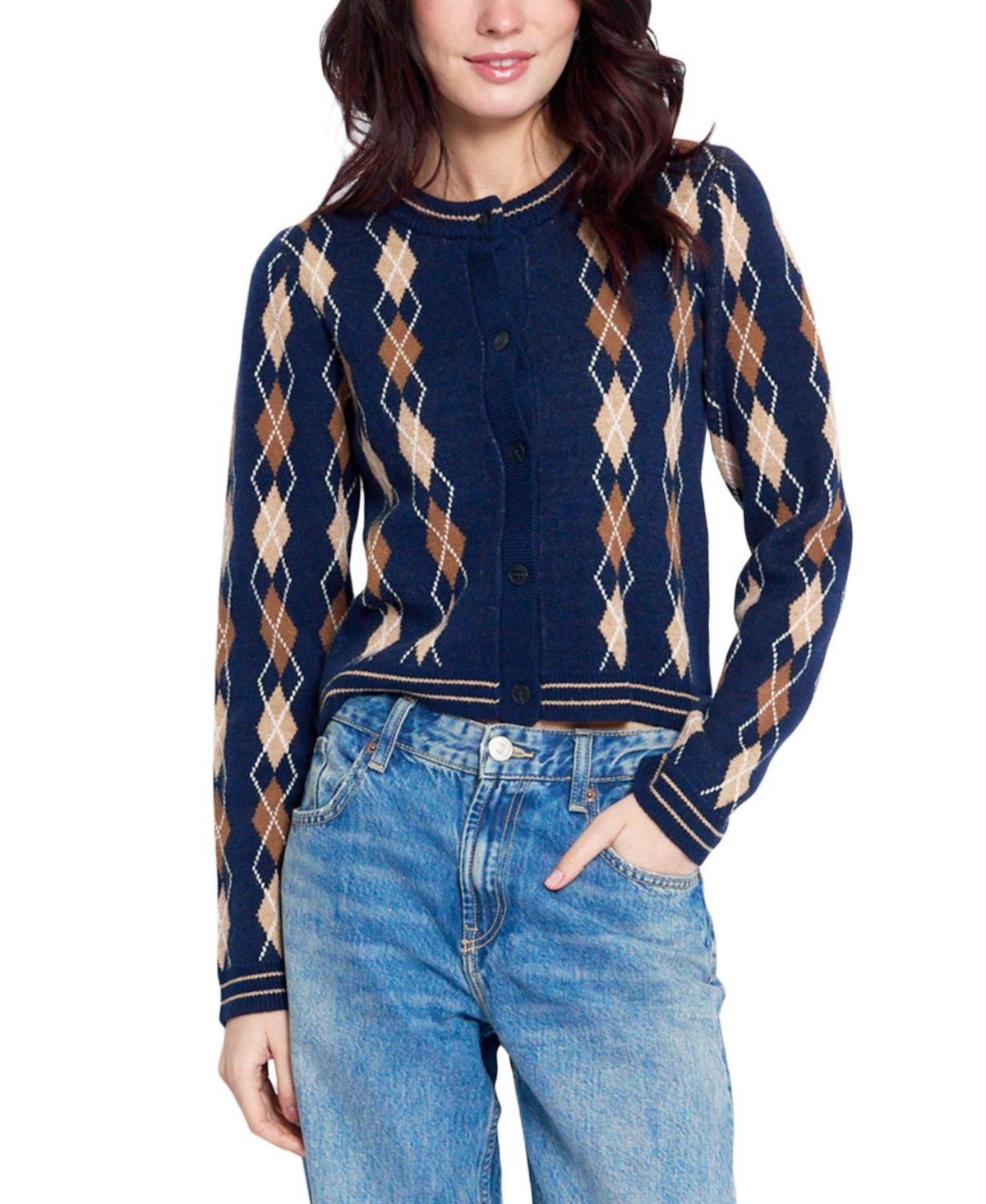 Central Park West Women's Astrid Argyle Crewneck Long-Sleeve Cardigan