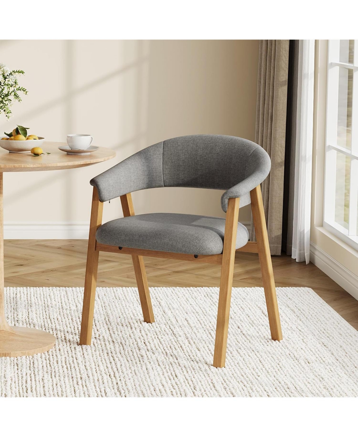 gaomon Upholstered Dining Chairs with Arms, Linen Fabric Armchair with Wooden Legs and Curved Backrest, Modern Accent Armchair for Dining Room
