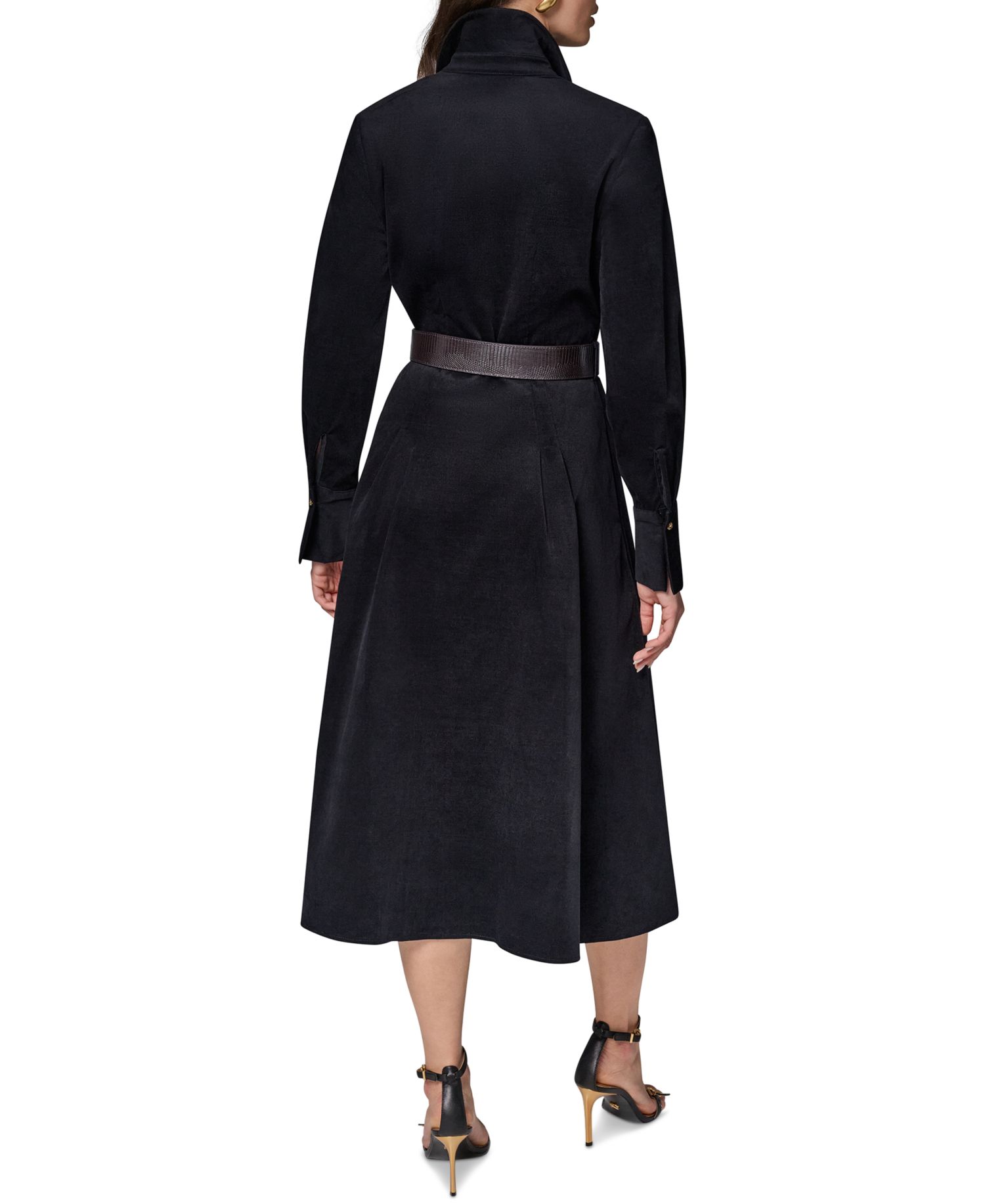 Women's Corduroy Long-Sleeve Belted Midi Shirtdress