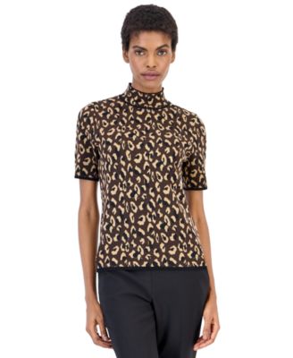 Petite Turtleneck Half-Sleeve Animal-Print Sweater