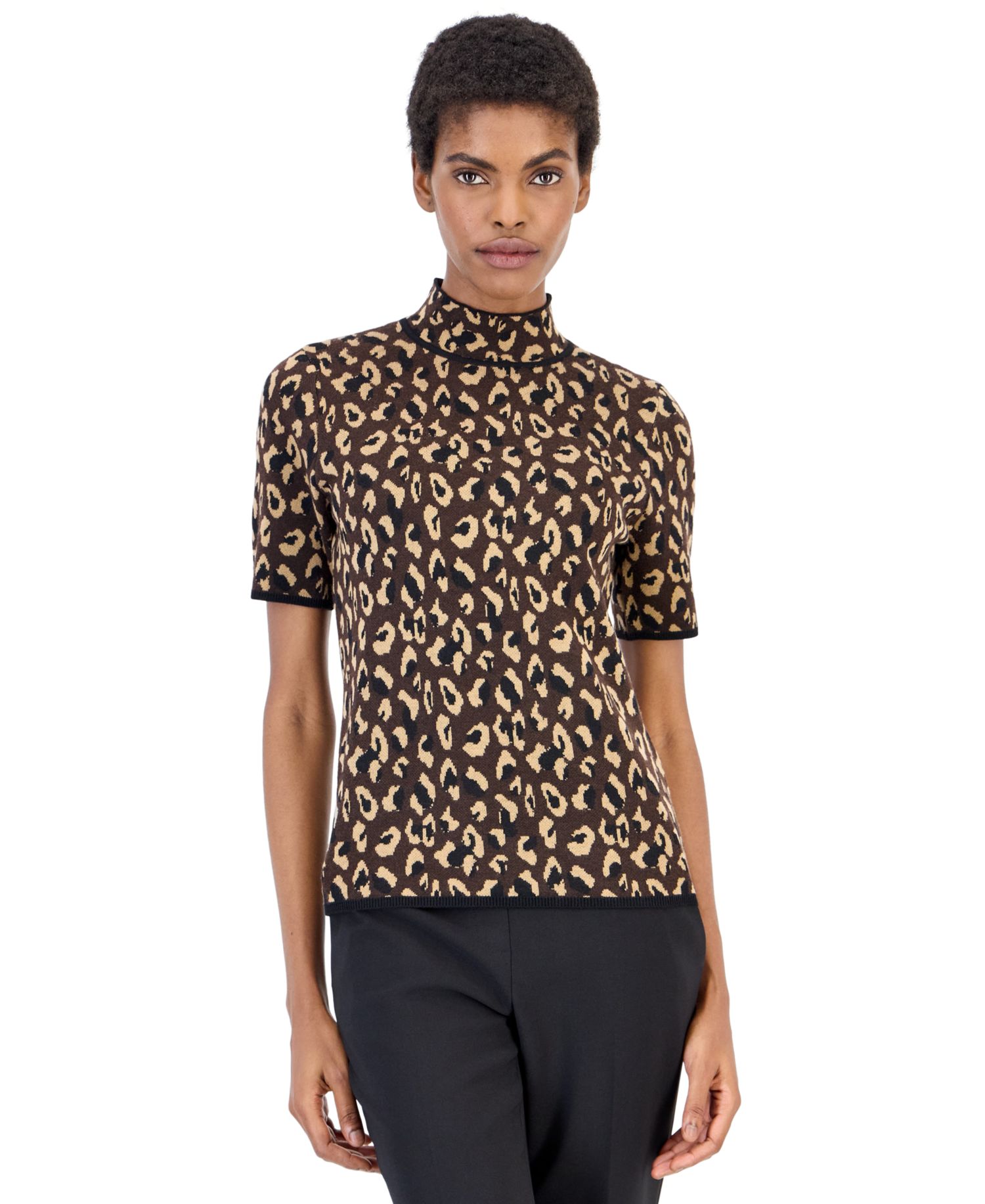 Petite Animal-Print Mock-Neck Short-Sleeve Sweater
