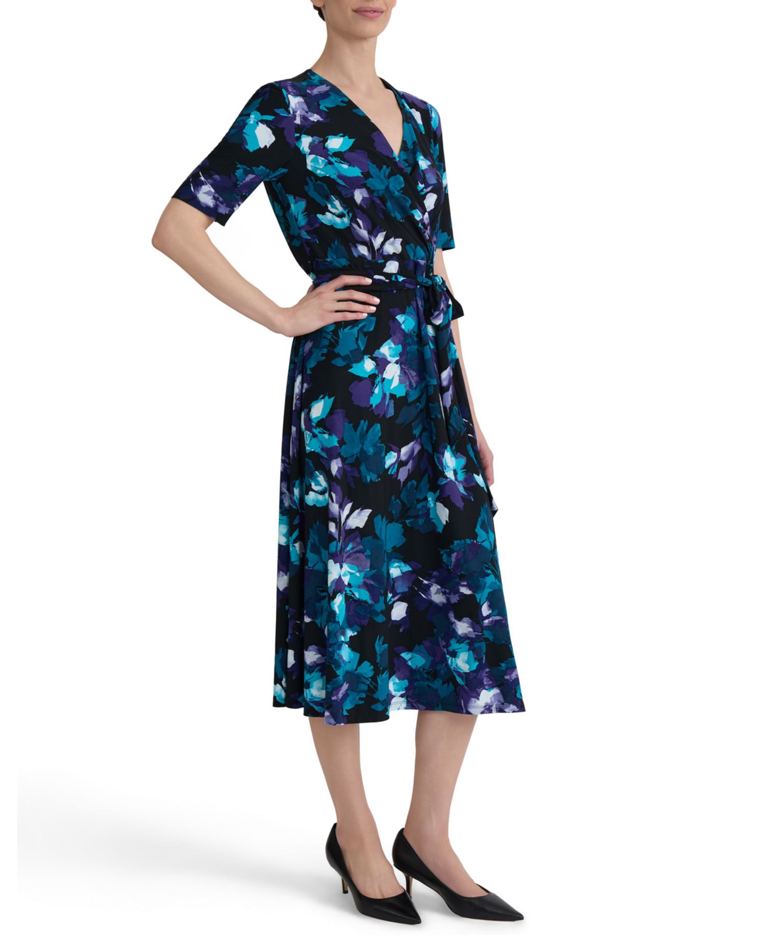 Women's Elbow-Sleeve Wrap-Front Fit & Flare Dress