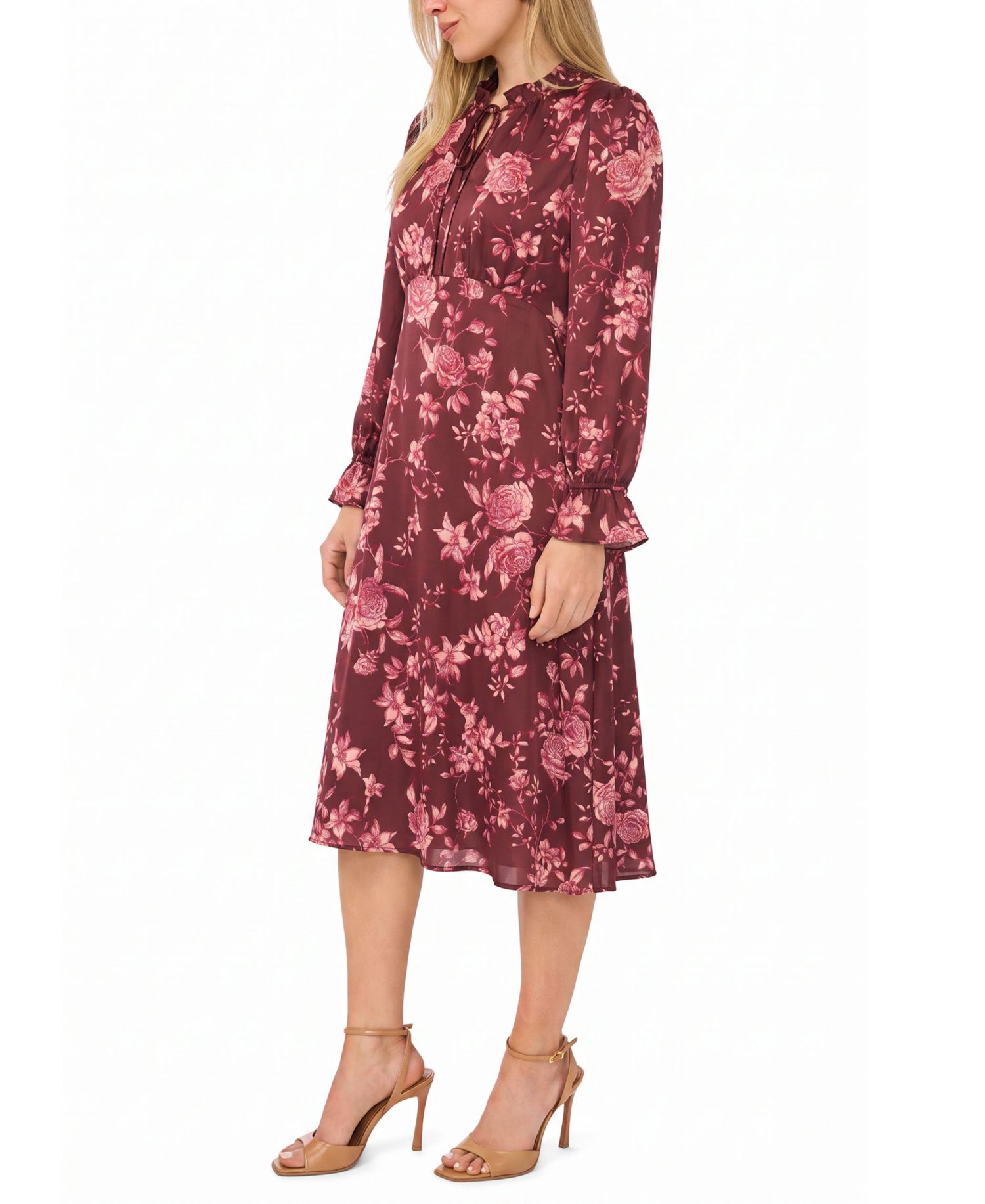 Petite Tie Neck Satin Midi Floral A-Line Dress