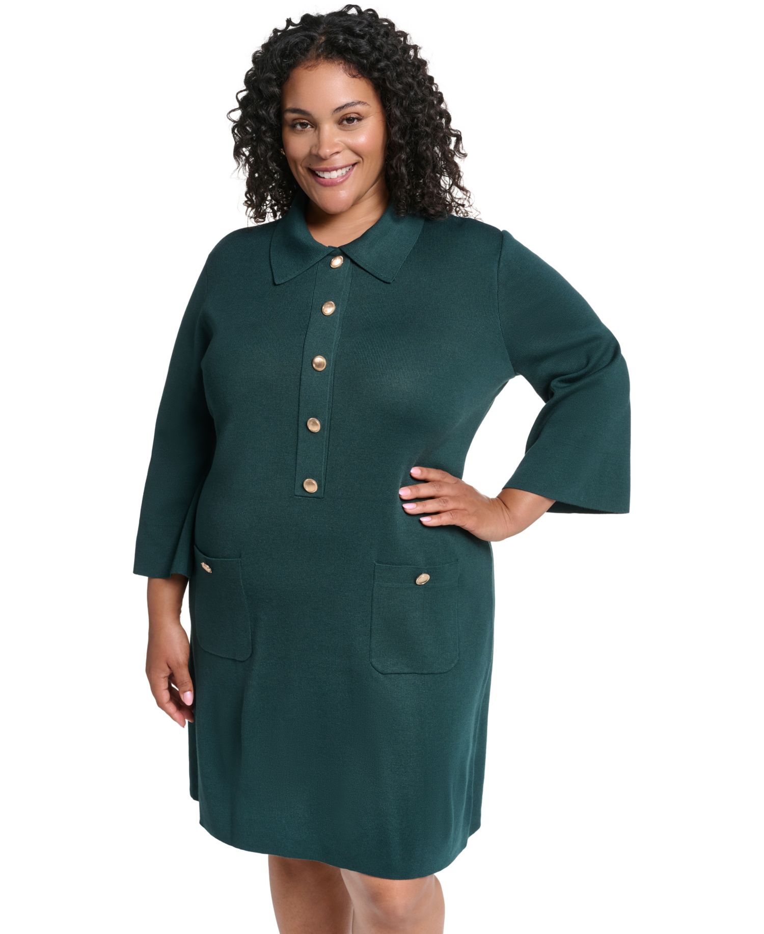 Plus Size Knit Button-Front Collared Sweater Dress