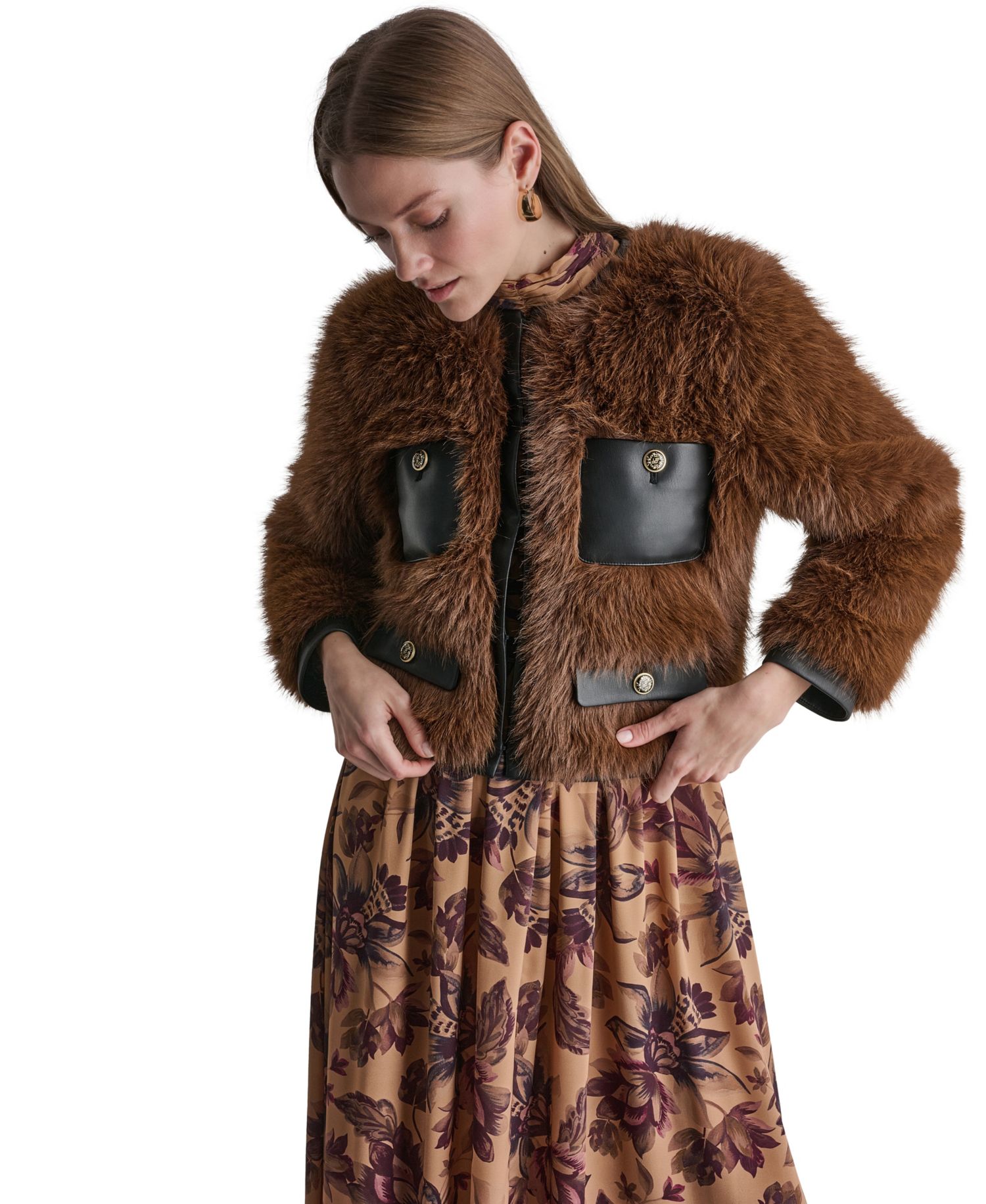 Women's Cropped Faux Fur Jacket with Faux Leather Trim
