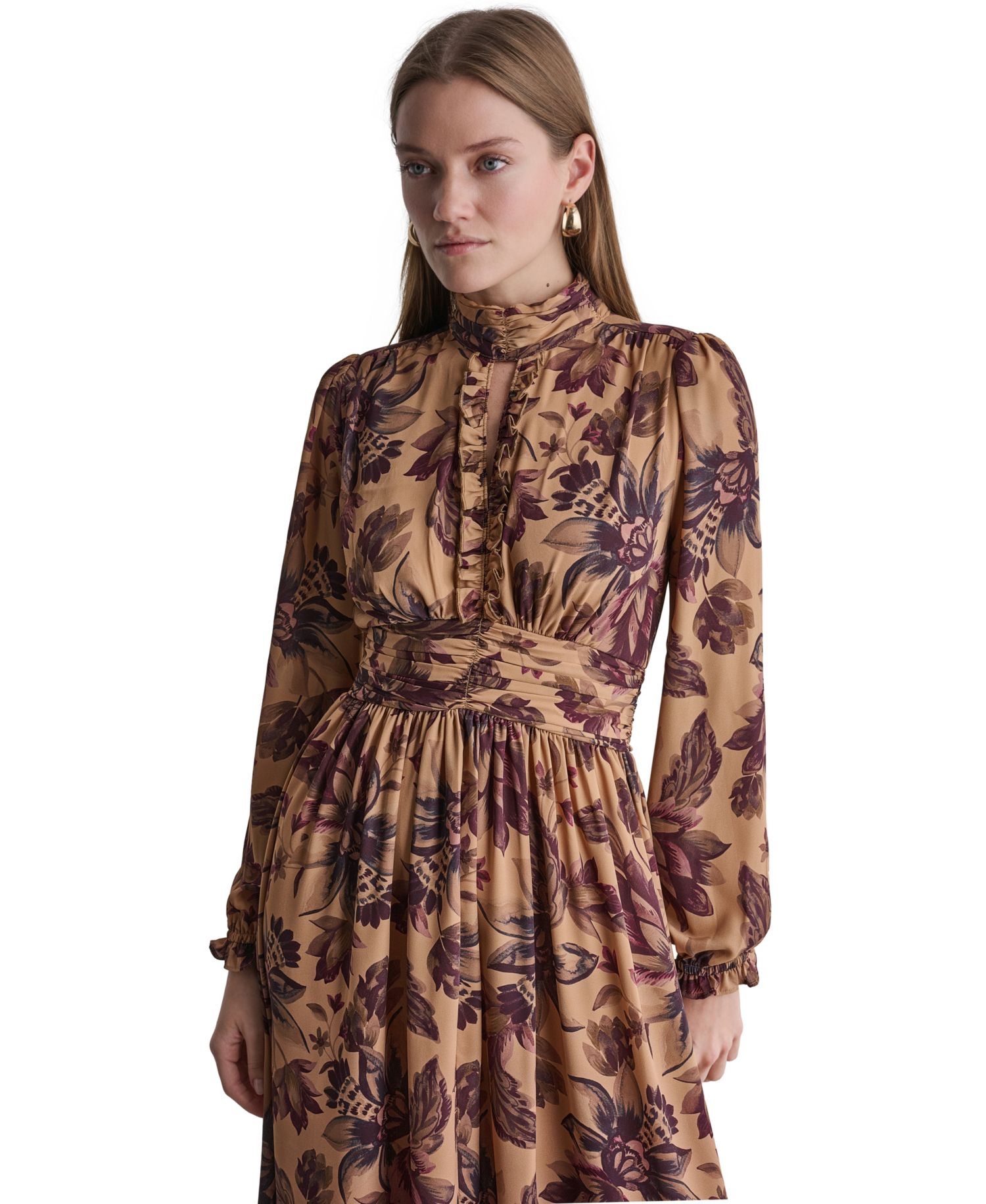 Women's Long Sleeve Floral-Print High-Neck Maxi Dress