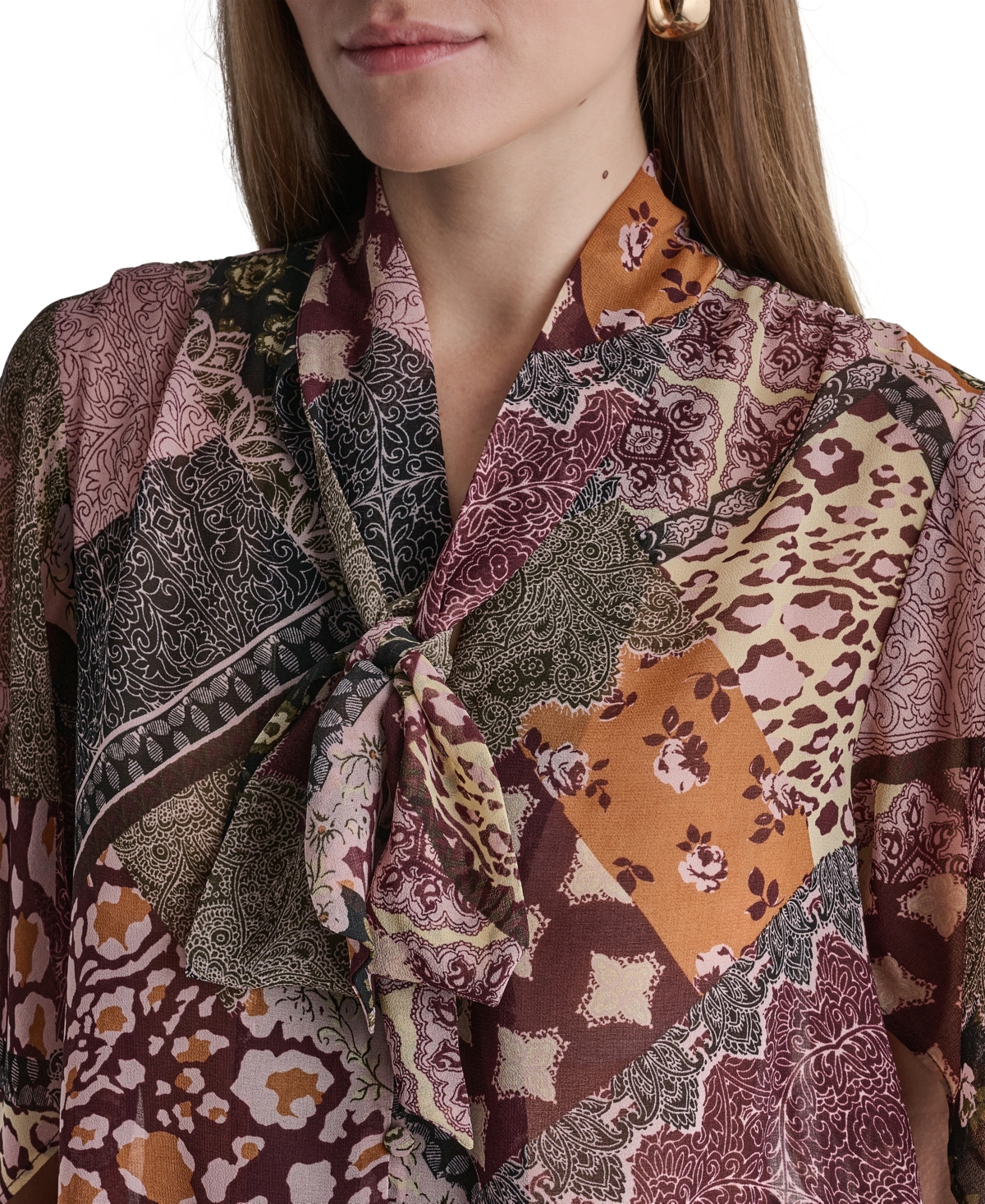 Bcbg Women's Bow Neck Mixed Print Short-Sleeve Blouse