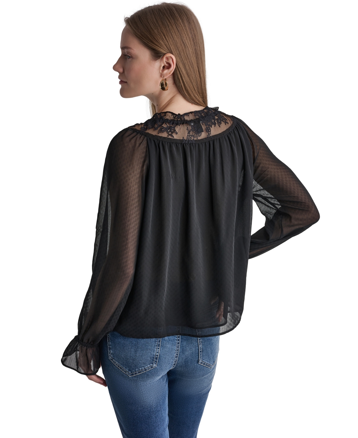 Bcbg Women's Scoop Neckline Lace-Trim Long-Sleeve Blouse