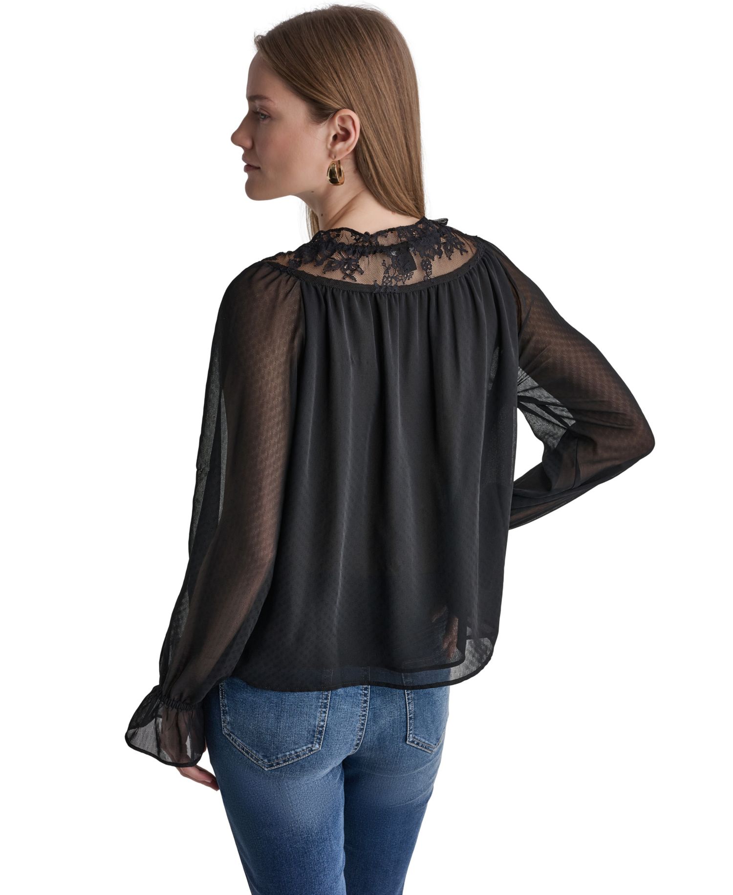 Women's Scoop Neckline Lace-Trim Long-Sleeve Blouse