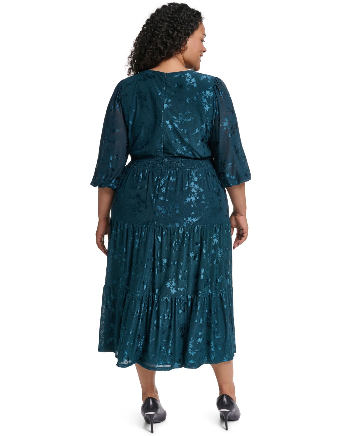 Petite 3/4-Sleeve Smocked Floral Midi Dress